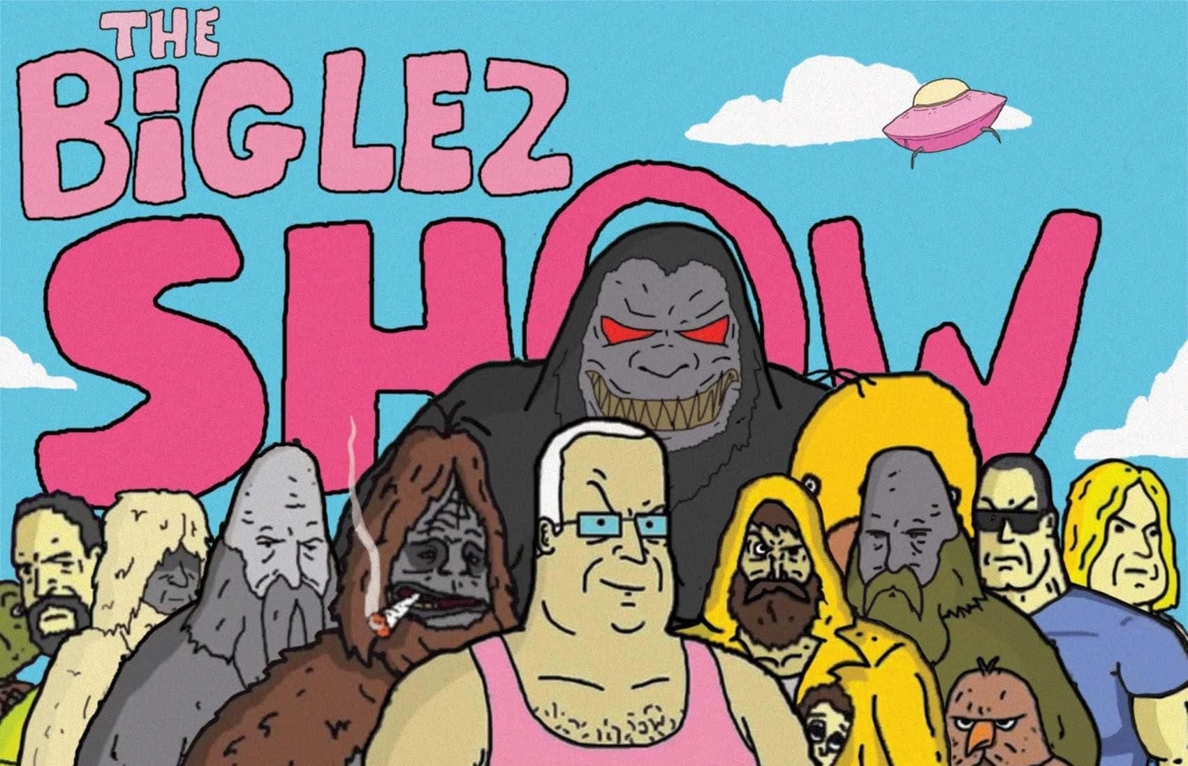 Sassy The Sasquatch 桌布 壁紙 — 《The Big Lez Show》的卡通海報，有一隻巨型猩猩、一個穿粉紅色背心的男人，以及其他古怪角色，在藍天與UFO之下。