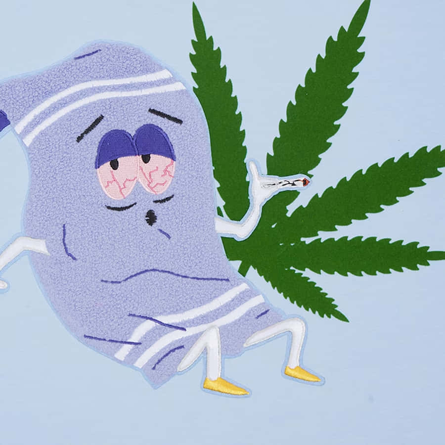  壁紙 — 一個卡通紫色毛巾角色，眼睛破裂，在一個大綠色大麻葉旁邊吸大麻煙。