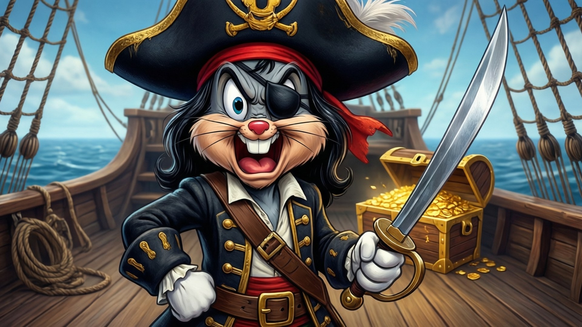 Pirate Sam Adventures 壁紙 — 一隻卡通兔海盜戴著眼罩和劍，站在船甲板上，旁邊是一個裝滿金幣的寶箱。