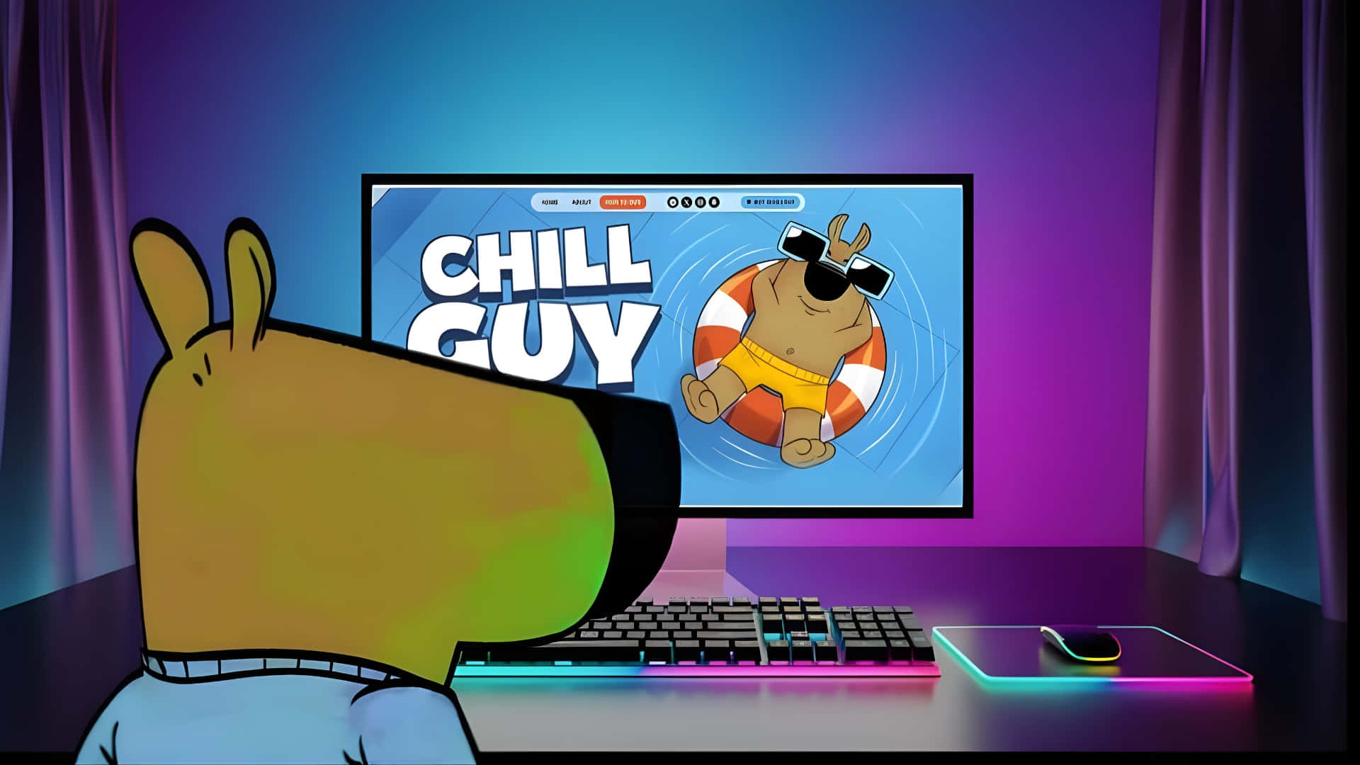  壁紙 — 一隻卡通兔在霓虹燈光下的遊戲室中，看著發光顯示器上的「Chill Guy」影片。