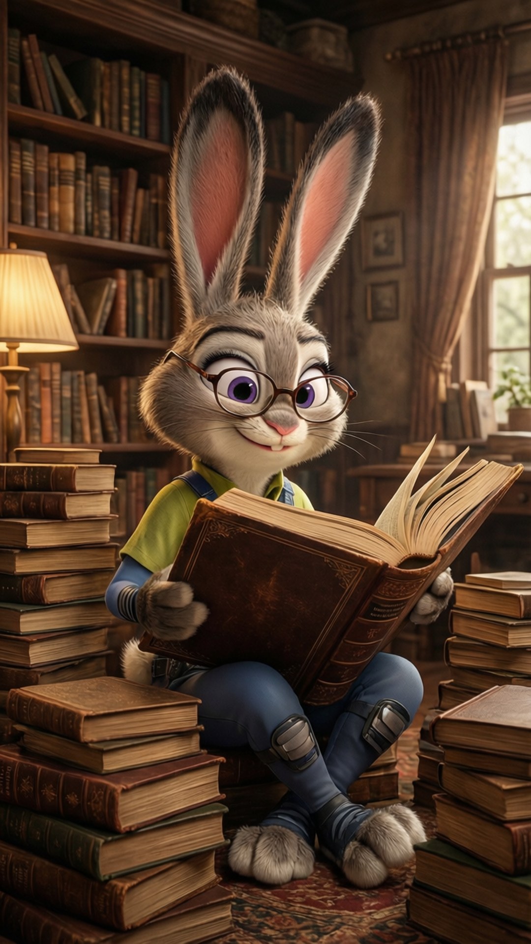 Bookworm Lola 壁紙 — 一隻戴眼鏡的卡通兔坐在舒適的圖書館裡，周圍堆滿了書，正在閱讀一本大型皮面精裝書。