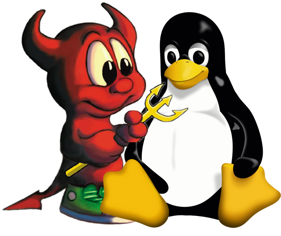 一個卡通魔鬼拿著三叉戟，旁邊有一隻企鵝吉祥物。 — Linux 壁紙