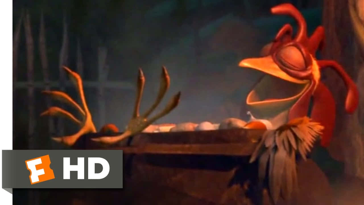  壁紙 — 一隻卡通公雞，有紅色羽毛和張開的喙，站在昏暗森林中的一窩蛋旁邊。