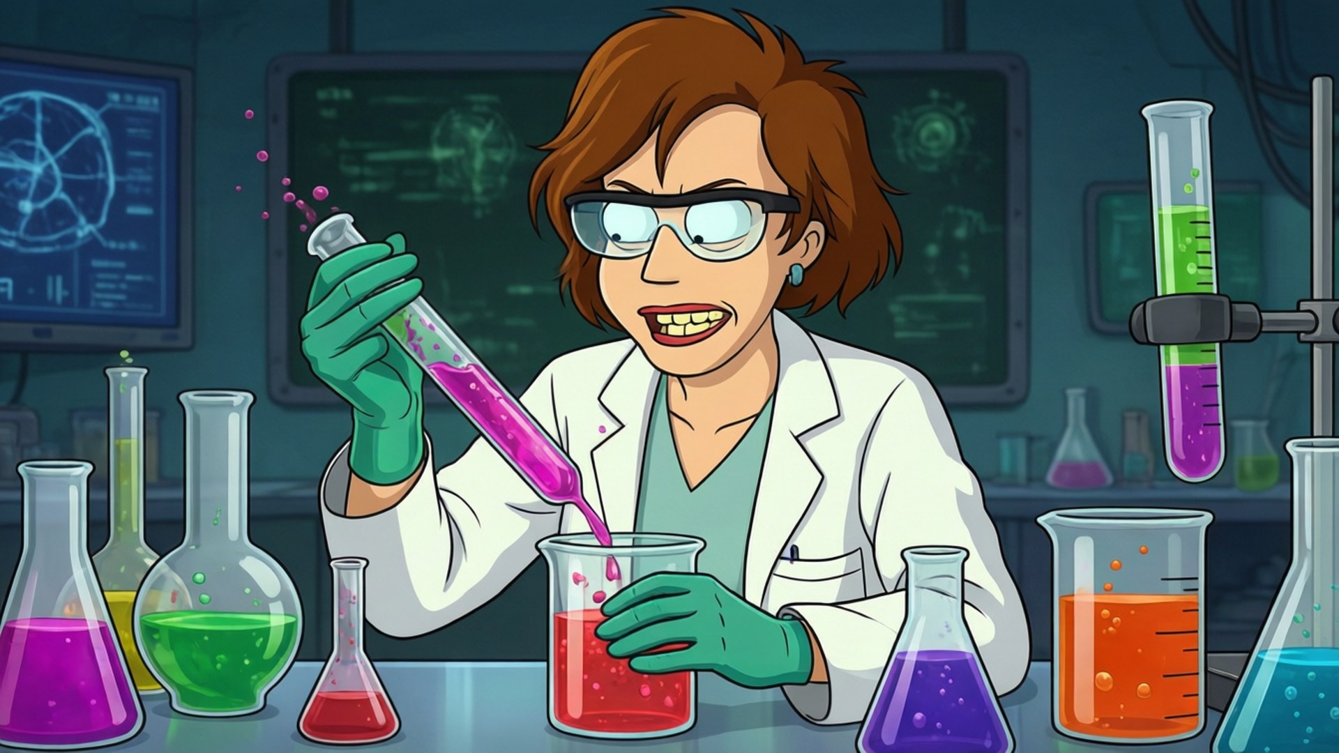 Amy's Laboratory Experiments 壁紙 — 一位穿著實驗袍的卡通科學家，將試管中發光的粉紅色液體倒入燒杯中，周圍環繞著色彩繽紛的化學燒瓶。