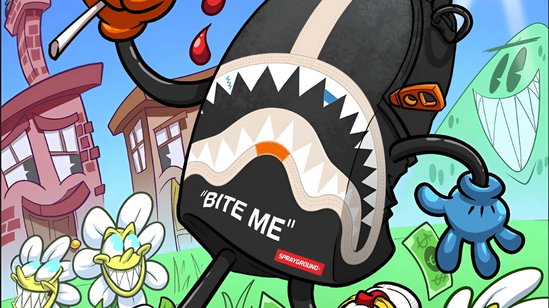  壁紙 — 一個帶有牙齒和「BITE ME」文字的卡通鯊魚背包，站在一個充滿微笑花朵和綠色怪物的奇幻小鎮中。