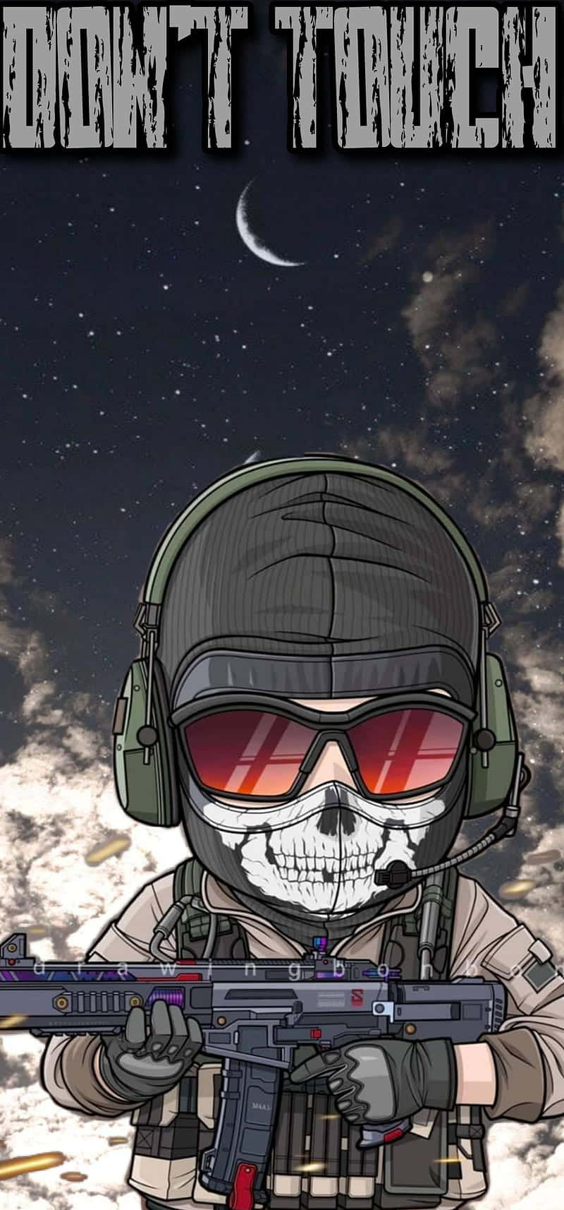  壁紙 — 一個戴紅色護目鏡和頭盔的卡通骷髏士兵，在星夜和彎月背景下持步槍。