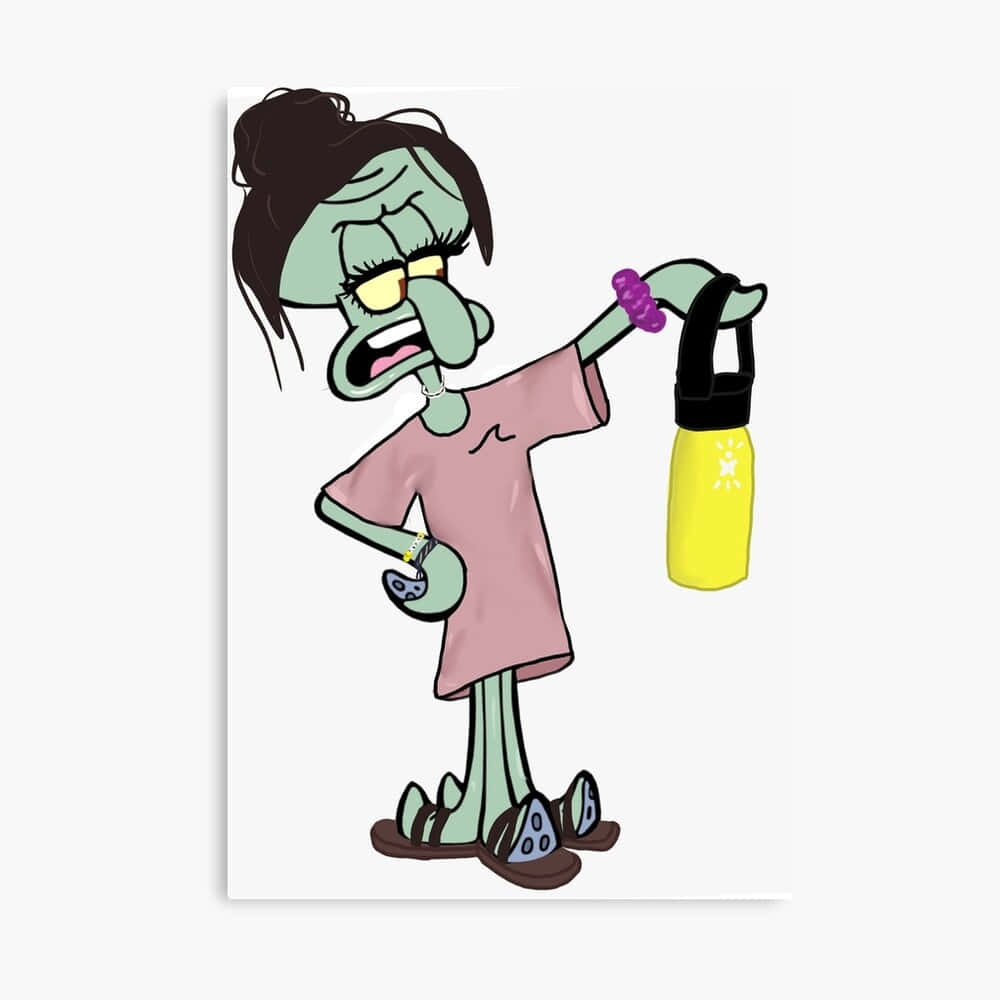  壁紙 — 一個卡通魷魚女人，頭髮凌亂，表情疲倦，拿著一個黃色水壺，穿著粉紅色襯衫和涼鞋。