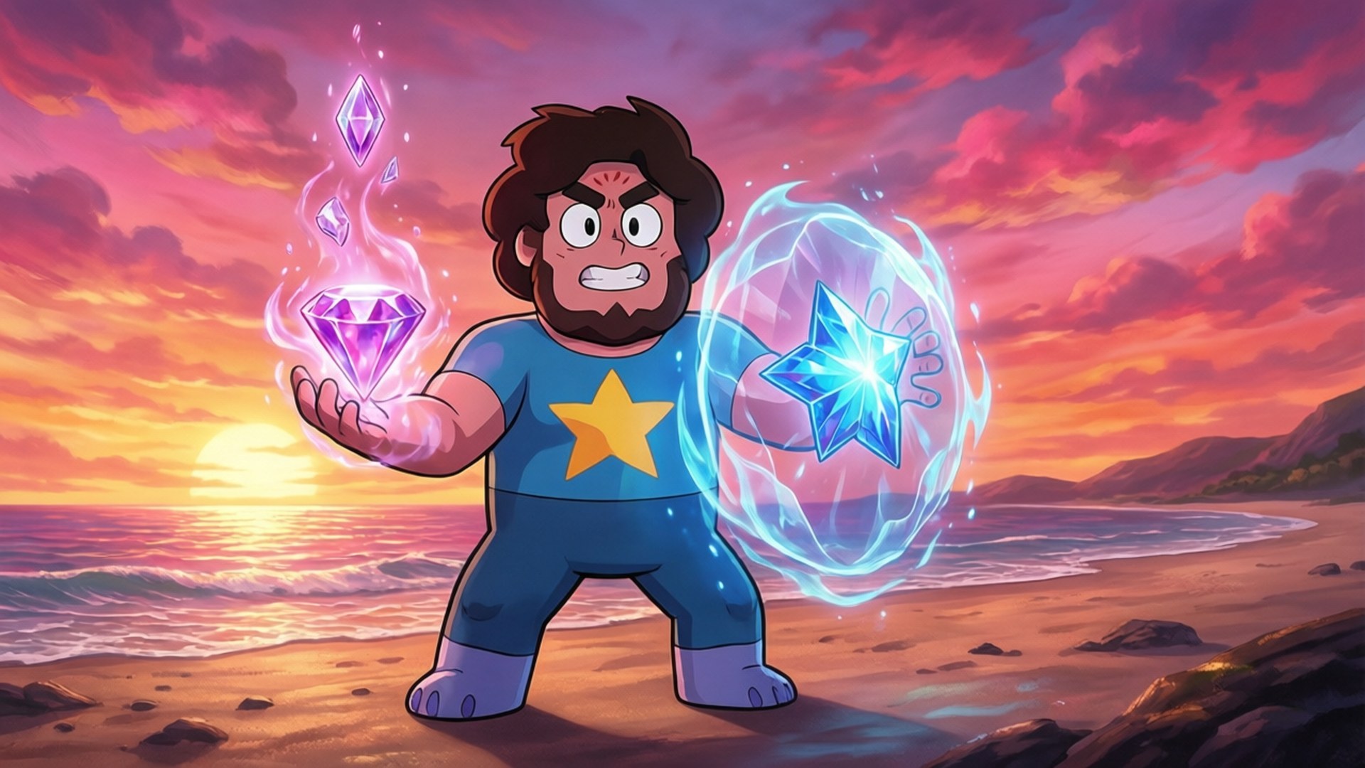 Steven Universe Sunset 壁紙 — 一個有鬍鬚的卡通超級英雄站在日落的海灘上，揮舞著發光的紫色和藍色寶石。
