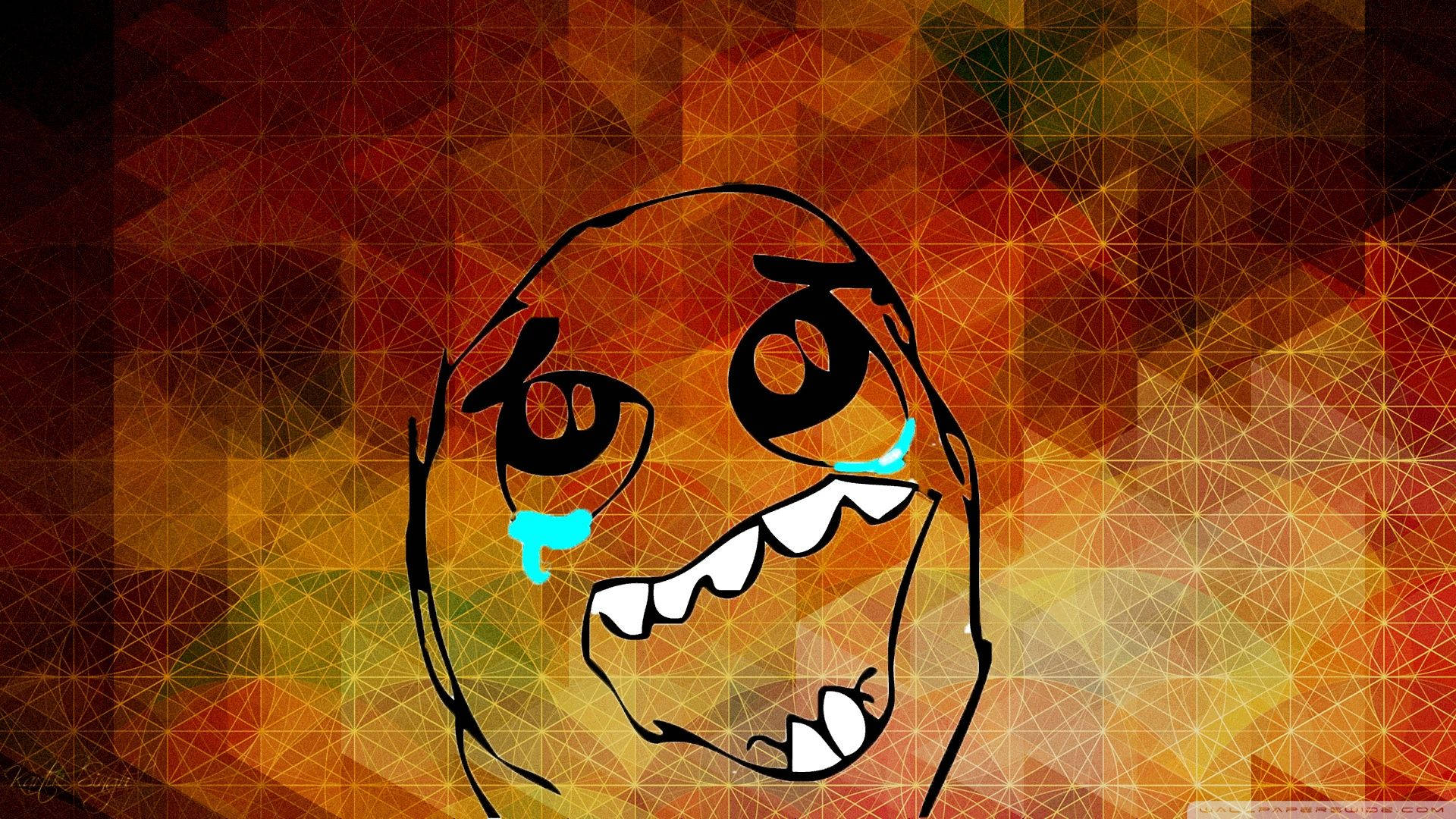 卡通巨魔臉在火熱的幾何背景上咧嘴大笑，流著藍色眼淚。 — Meme 壁紙