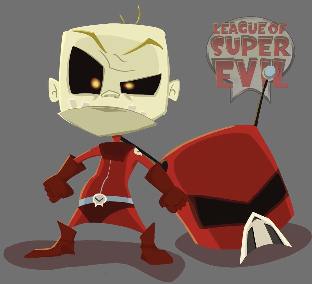 The League Of Super Evil 桌布 壁紙 — 一個卡通反派，有著發光的橙色眼睛和紅色西裝，站在灰色背景前一個倒下的紅色頭盔旁邊。