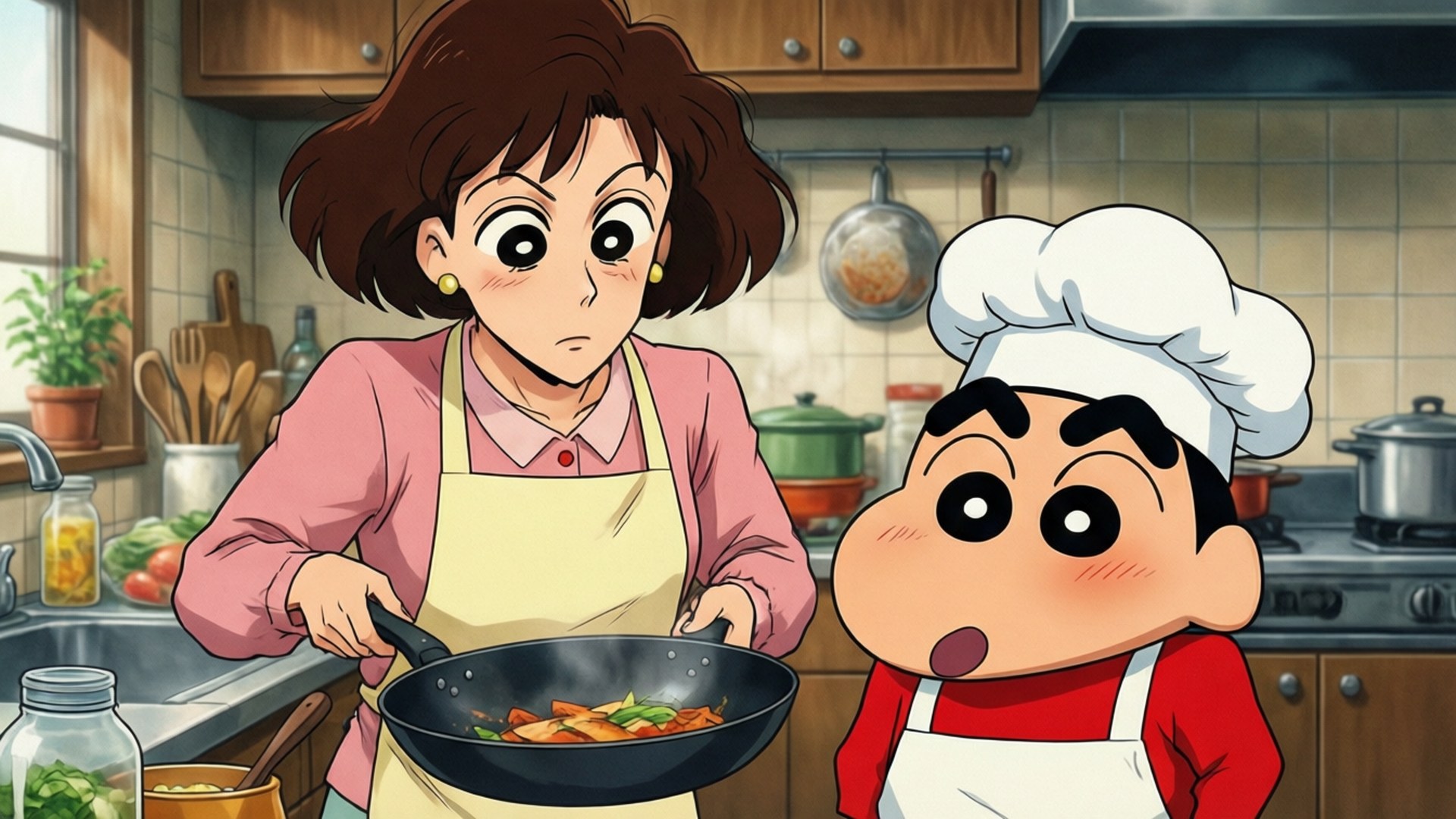 Cooking with Mom 壁紙 — 一位卡通女性穿著圍裙在平底鍋裡攪拌食物，而一個戴著廚師帽的男孩在廚房裡睜大眼睛看著。