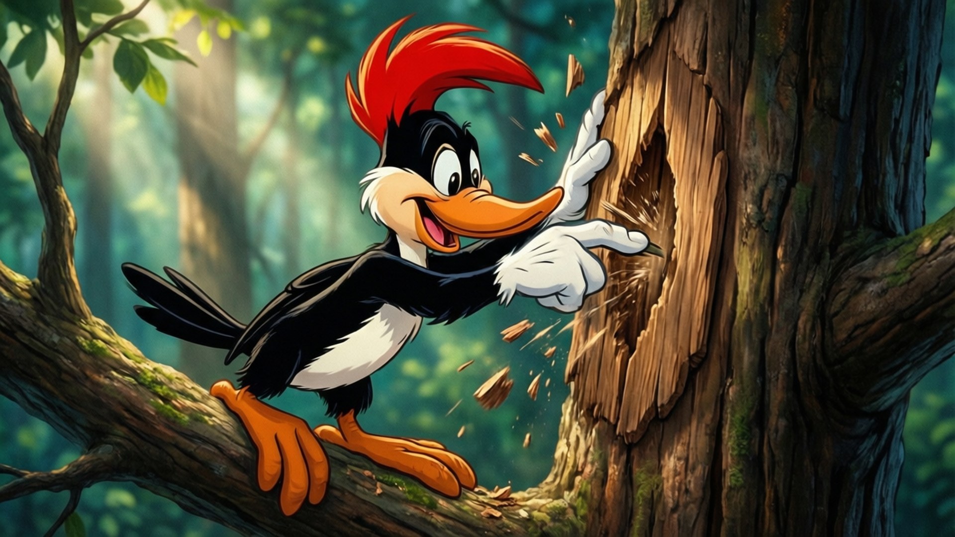 Pecking at the Tree 壁紙 — 一隻有紅色冠的卡通啄木鳥在陽光明媚的森林中啄樹幹，木屑飛揚。