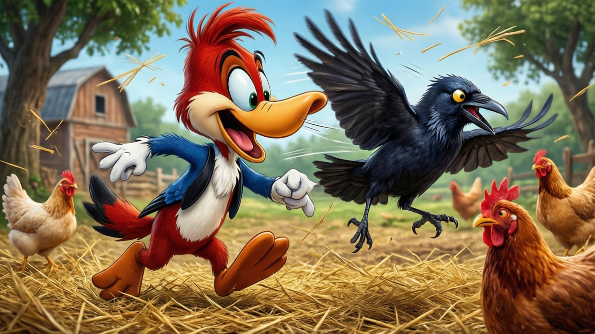 Chasing the Crow 壁紙 — 一隻穿著藍色外套的卡通啄木鳥在乾草中快樂地奔跑，一隻黑色烏鴉飛向他，附近有雞。