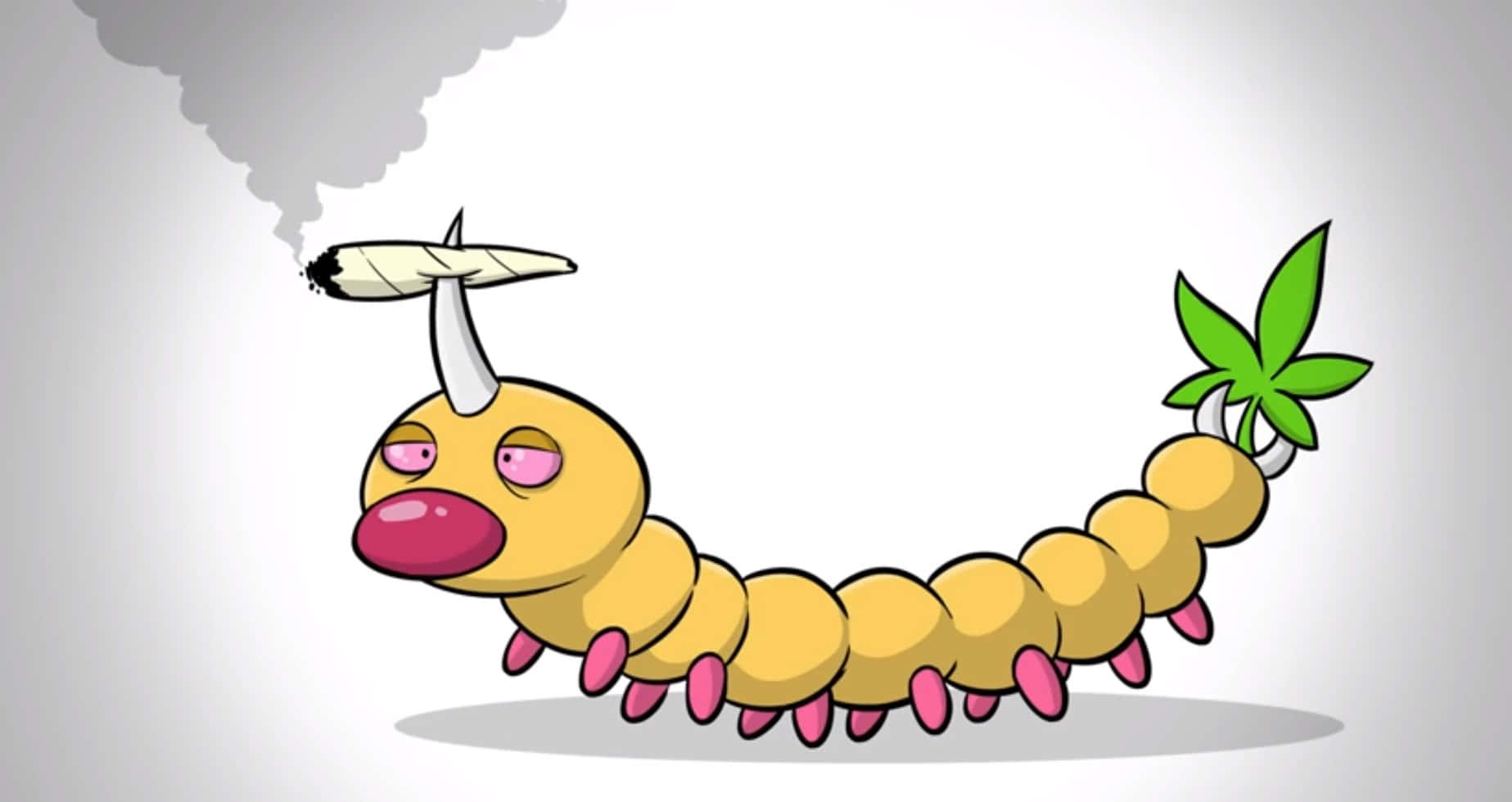 Weedle 桌布 壁紙 — 卡通黃色毛毛蟲，粉紅色腳，吸食大麻煙，尾巴長出大麻葉。