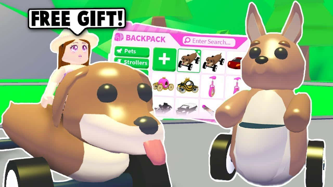 遊戲中的卡通狗和袋鼠，帶有免費禮物橫幅和背包選單。 — Roblox 壁紙