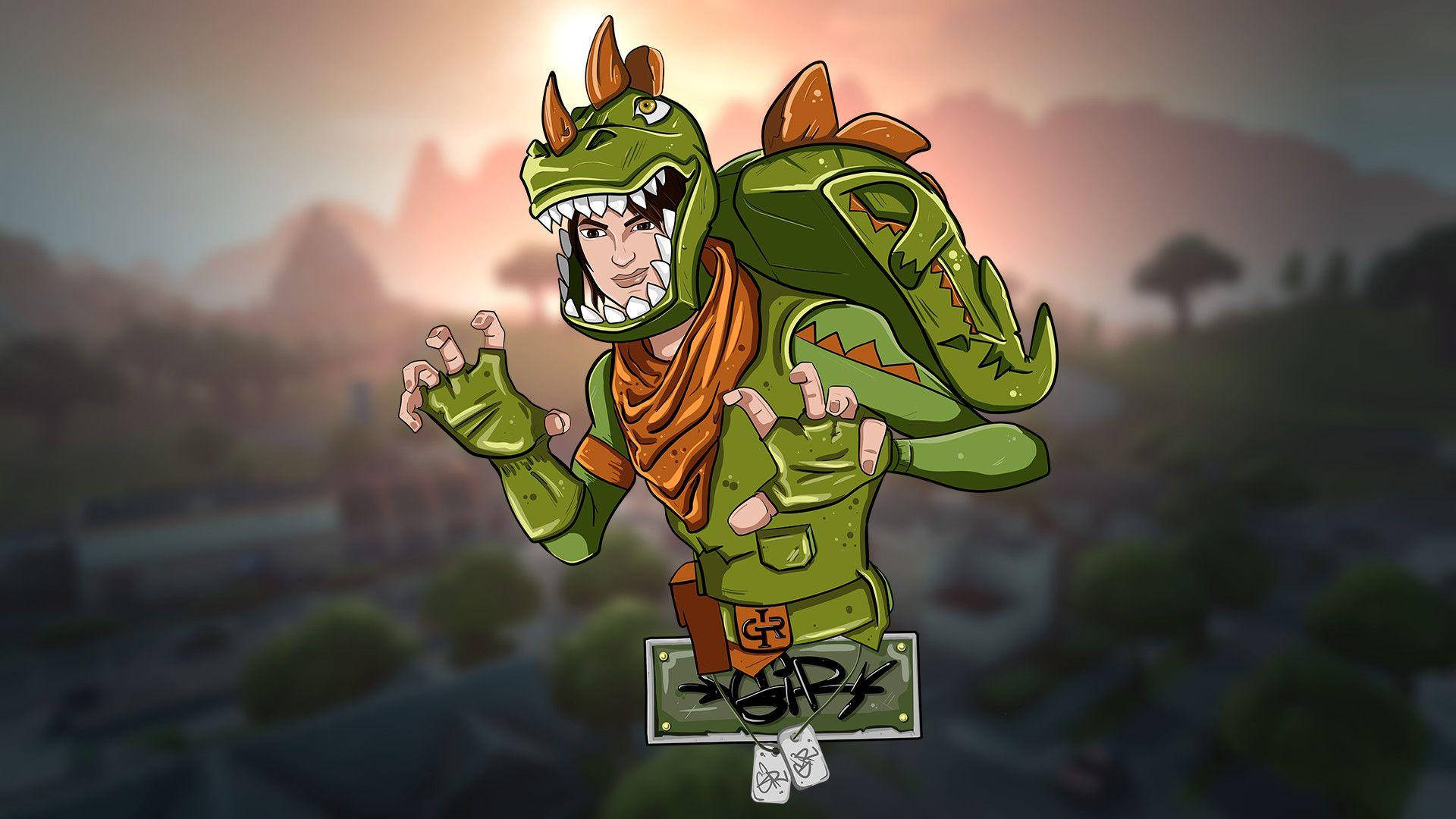 一隻綠色恐龍戰士，帶有橙色角和圍巾，站在日落時分的城市之上。 — Fortnite 壁紙