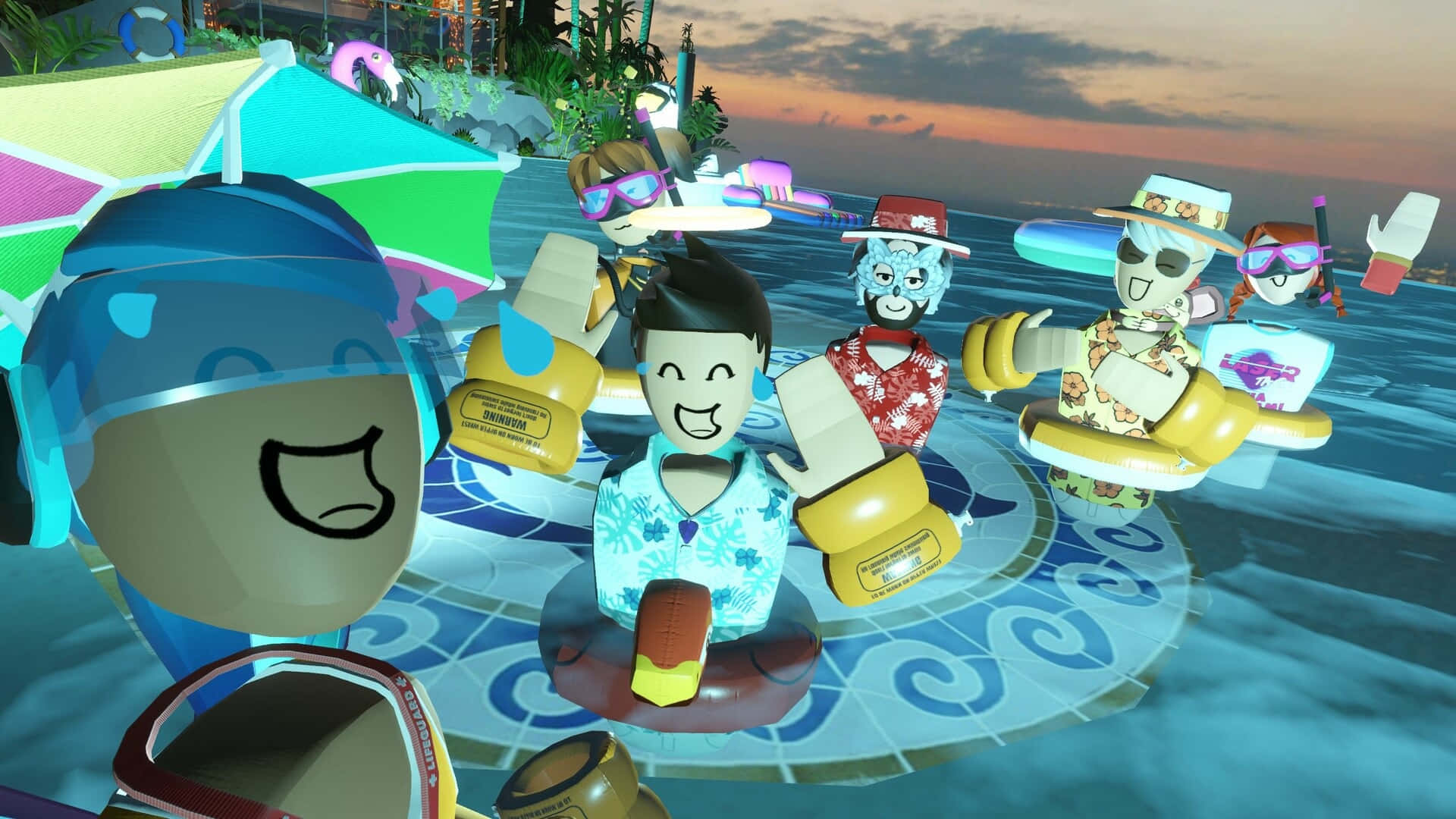  壁紙 — 卡通風格的 Roblox 角色穿著泳衣，在日落時分漂浮在帶有圖案的泳池上，周圍有色彩繽紛的雨傘。