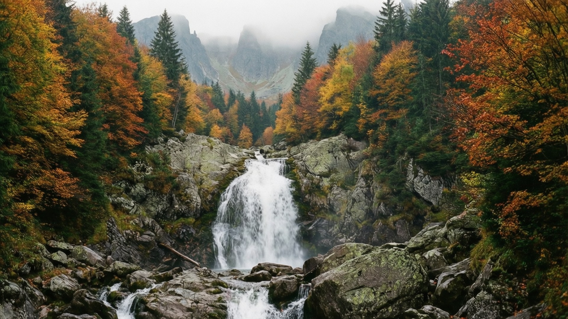 Karkonosze Waterfall Autumn 壁紙 — 瀑布層層疊疊地流過長滿苔蘚的岩石，穿過充滿活力的秋日森林，背景是霧氣繚繞的山巒。