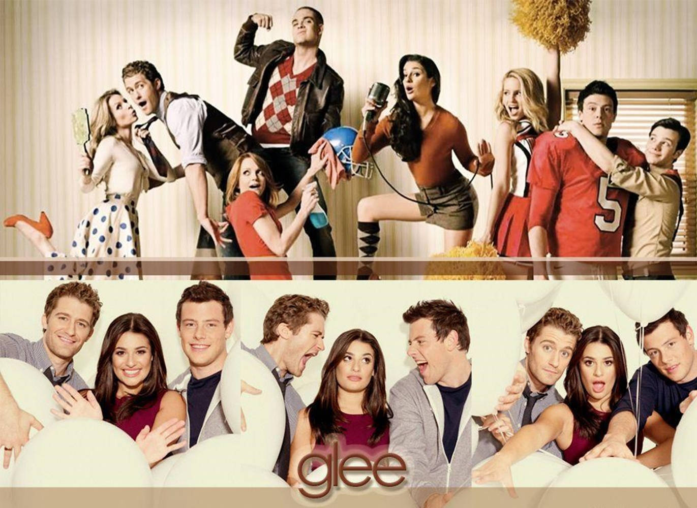 tv 桌布 壁紙 — Cast of Glee 在條紋牆壁和白色氣球背景前，以兩排姿勢充滿活力地擺姿勢。
