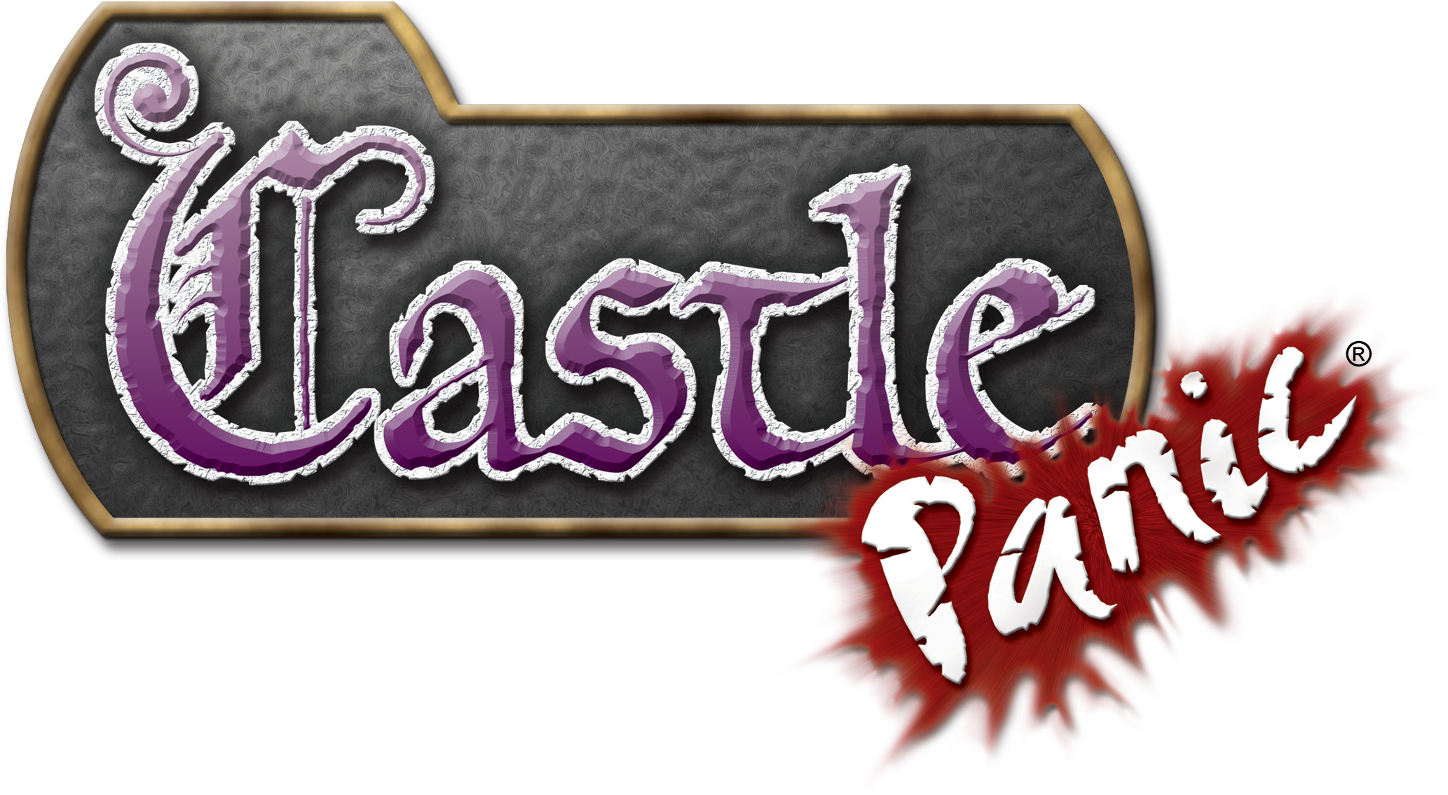 Panic 桌布 壁紙 — Castle Panic 的風格化標誌，紫色哥德式字體刻在石牌上，'Panic' 部分帶有紅色濺墨效果。