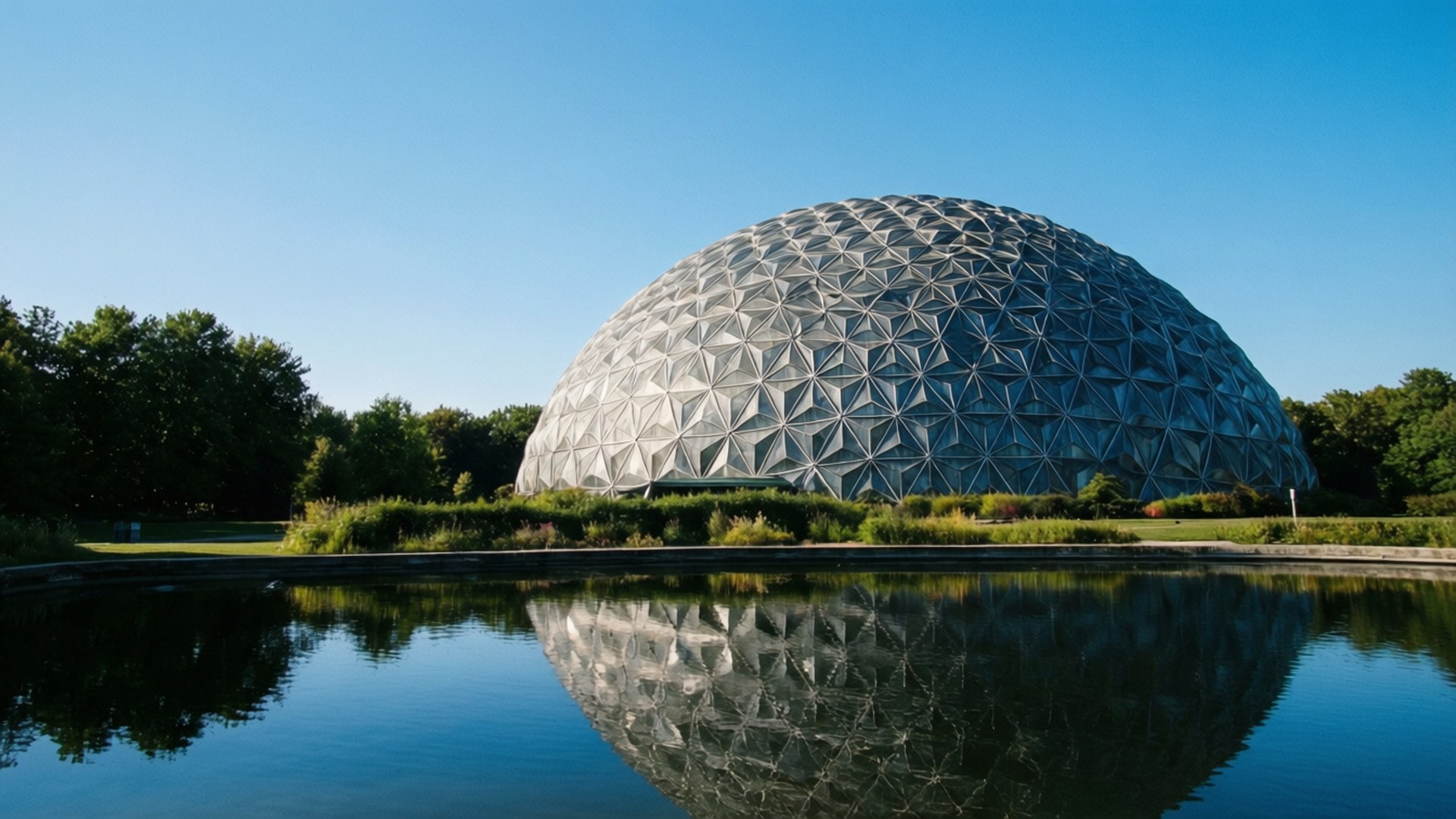 Biosphere Minimalist 壁紙 — 一個帶有三角形面板的測地線穹頂在清澈藍天下平靜的水面上完美倒映。