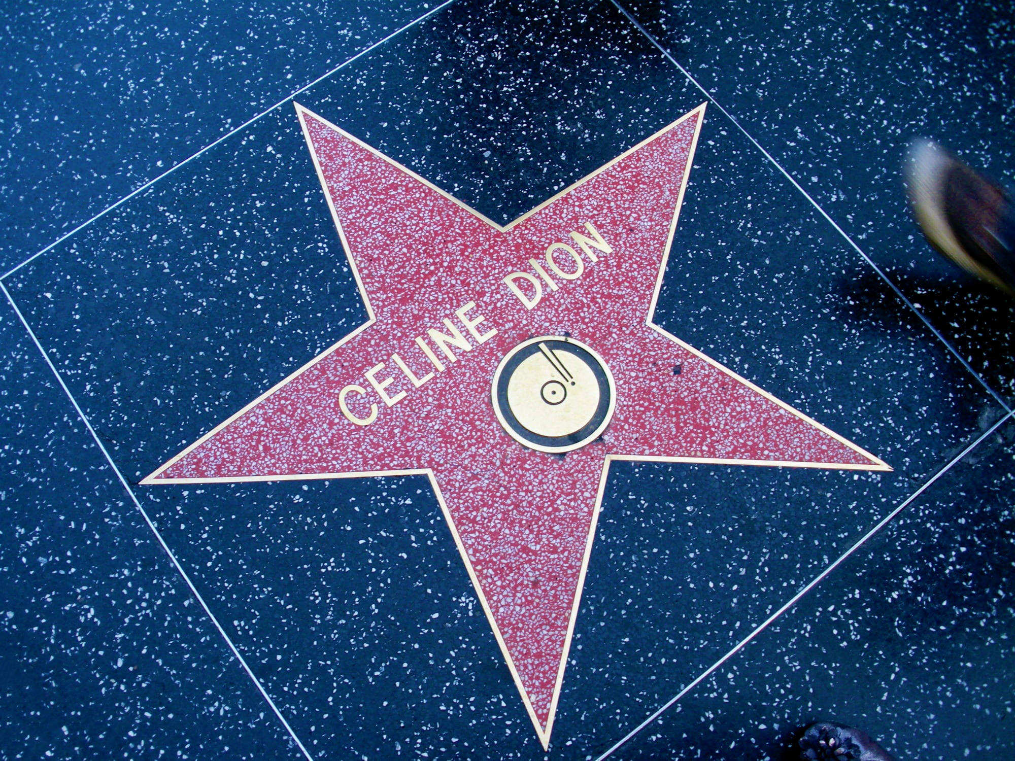 walk 桌布 壁紙 — Celine Dion 在好萊塢星光大道上閃閃發光的紅星特寫，鑲嵌在深藍色水磨石中。