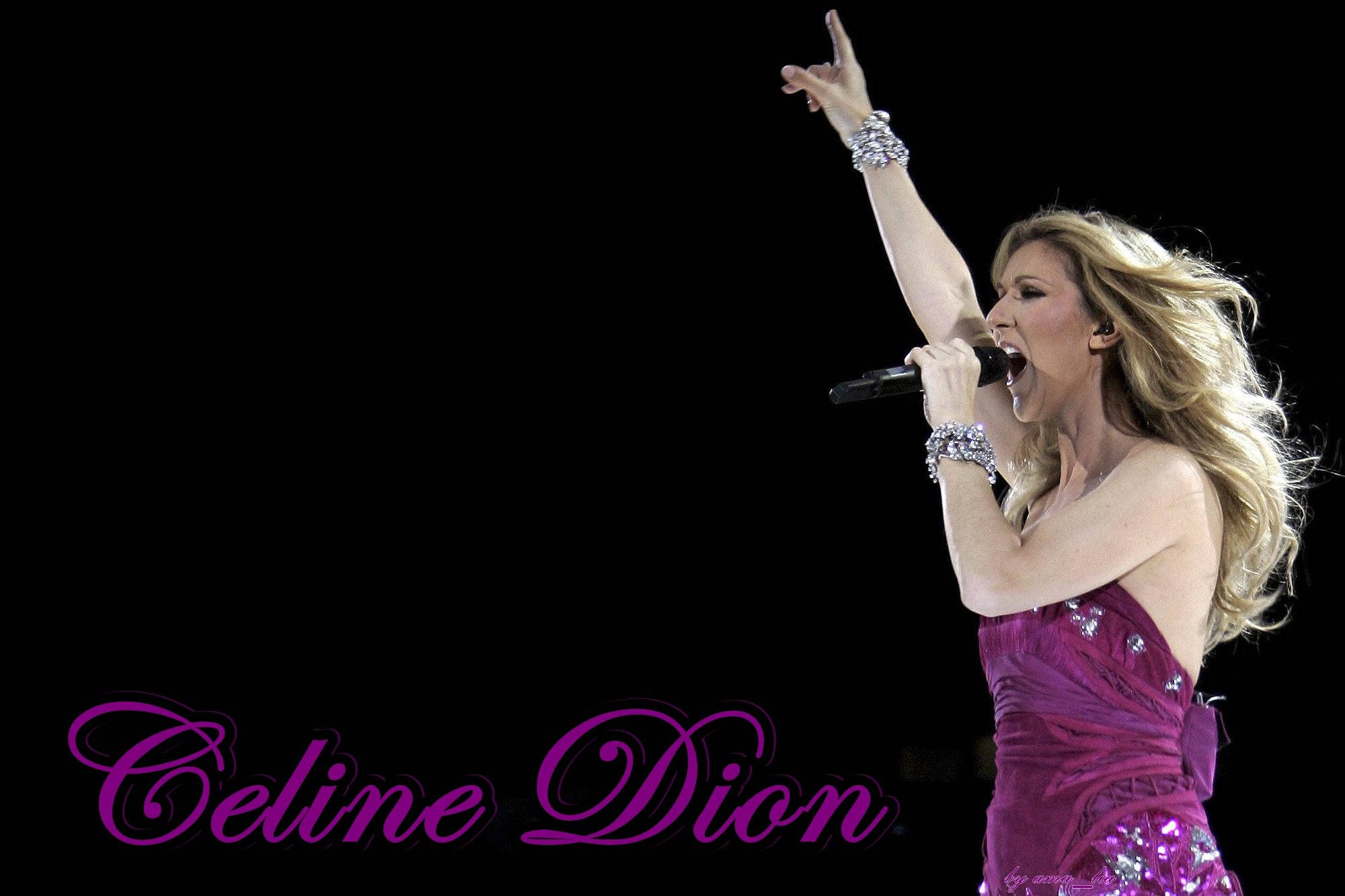 Celine 桌布 壁紙 — Celine Dion 在黑色舞台背景下，身穿閃亮洋紅色禮服熱情演出。