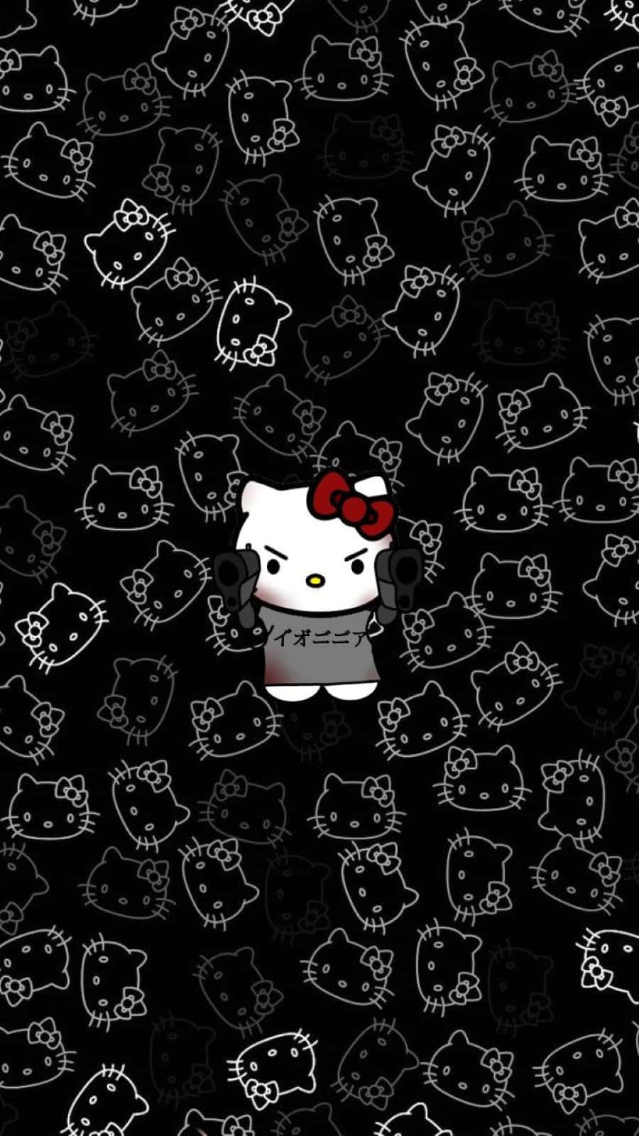  壁紙 — 中央一個憤怒的Hello Kitty，戴著紅色蝴蝶結和耳機，在充滿模糊白色Hello Kitty輪廓的黑色背景上突出顯示。