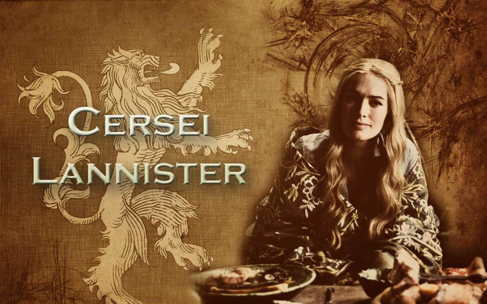 cersei lannister 桌布 壁紙 — Cersei Lannister 威嚴地坐在她的獅子徽章旁邊，在一幅帶有華麗刺繡和燭光氛圍的棕褐色調中世紀肖像中。