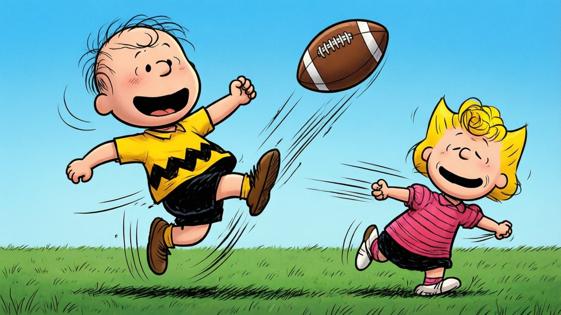 The Football Trick 壁紙 — 查理布朗和莎莉在晴朗的藍天下，快樂地追逐著足球穿過明亮的綠色場地。