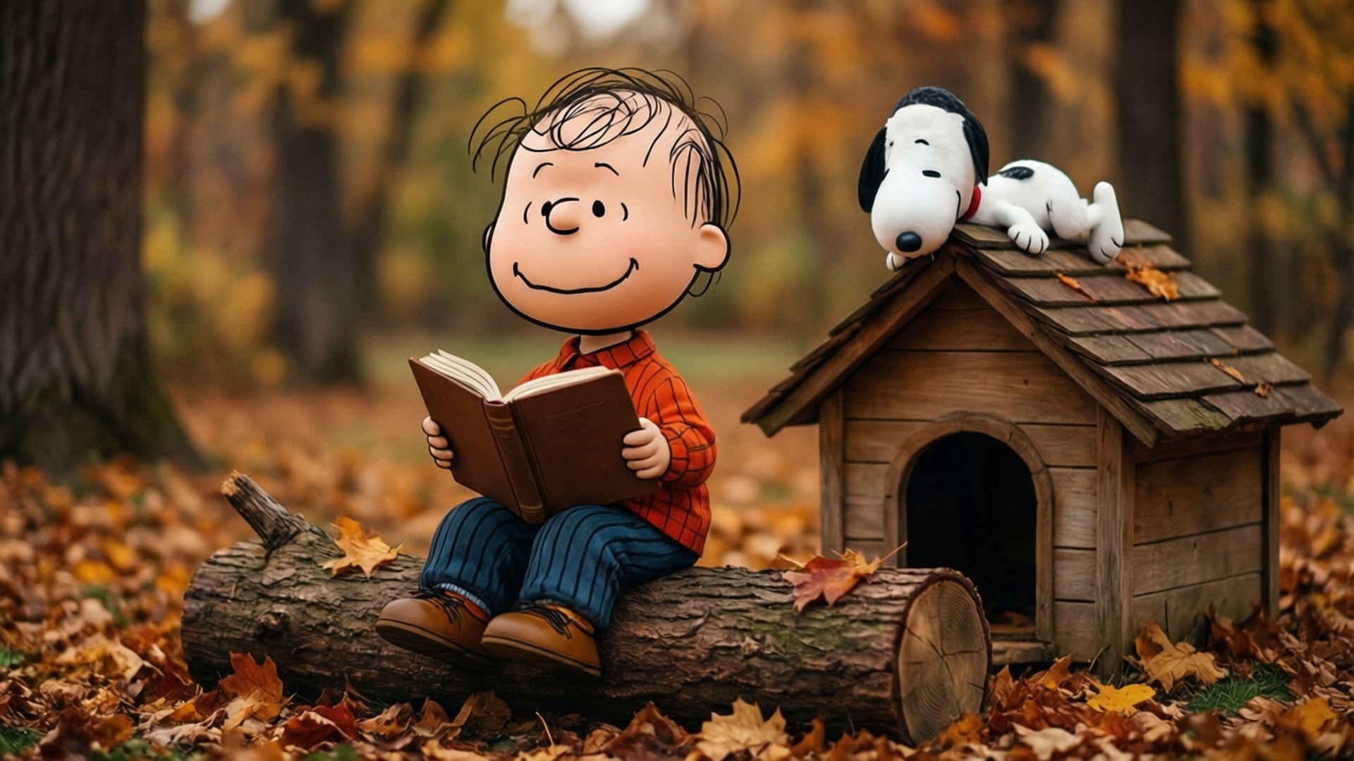 Reading Together 壁紙 — 查理·布朗坐在木頭上讀書，而史努比在金色的秋林中躺在狗屋上休息。