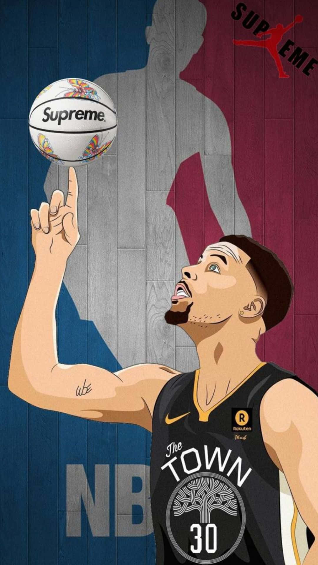 插圖風格的籃球運動員在指尖上平衡一個 Supreme 籃球。 — NBA 壁紙