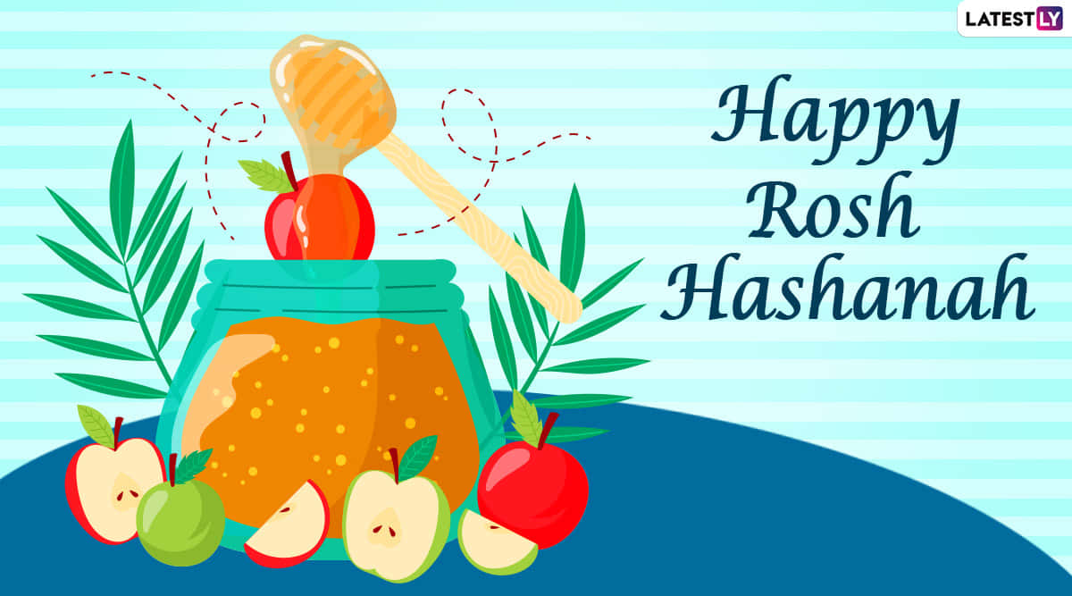 Happy Rosh Hashana 桌布 壁紙 — 插圖風格的猶太新年賀卡，上有蜂蜜罐、蘋果和棕櫚葉，背景為條紋圖案。