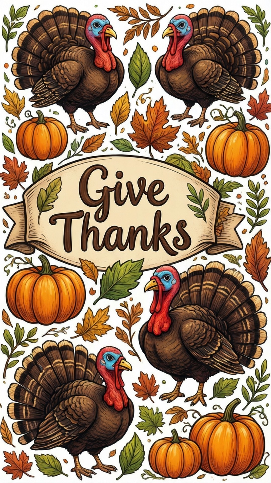 Thanksgiving Doodle Banner 壁紙 — 插圖感恩節場景，火雞、南瓜和樹葉圍繞著寫有 Give Thanks 的橫幅。