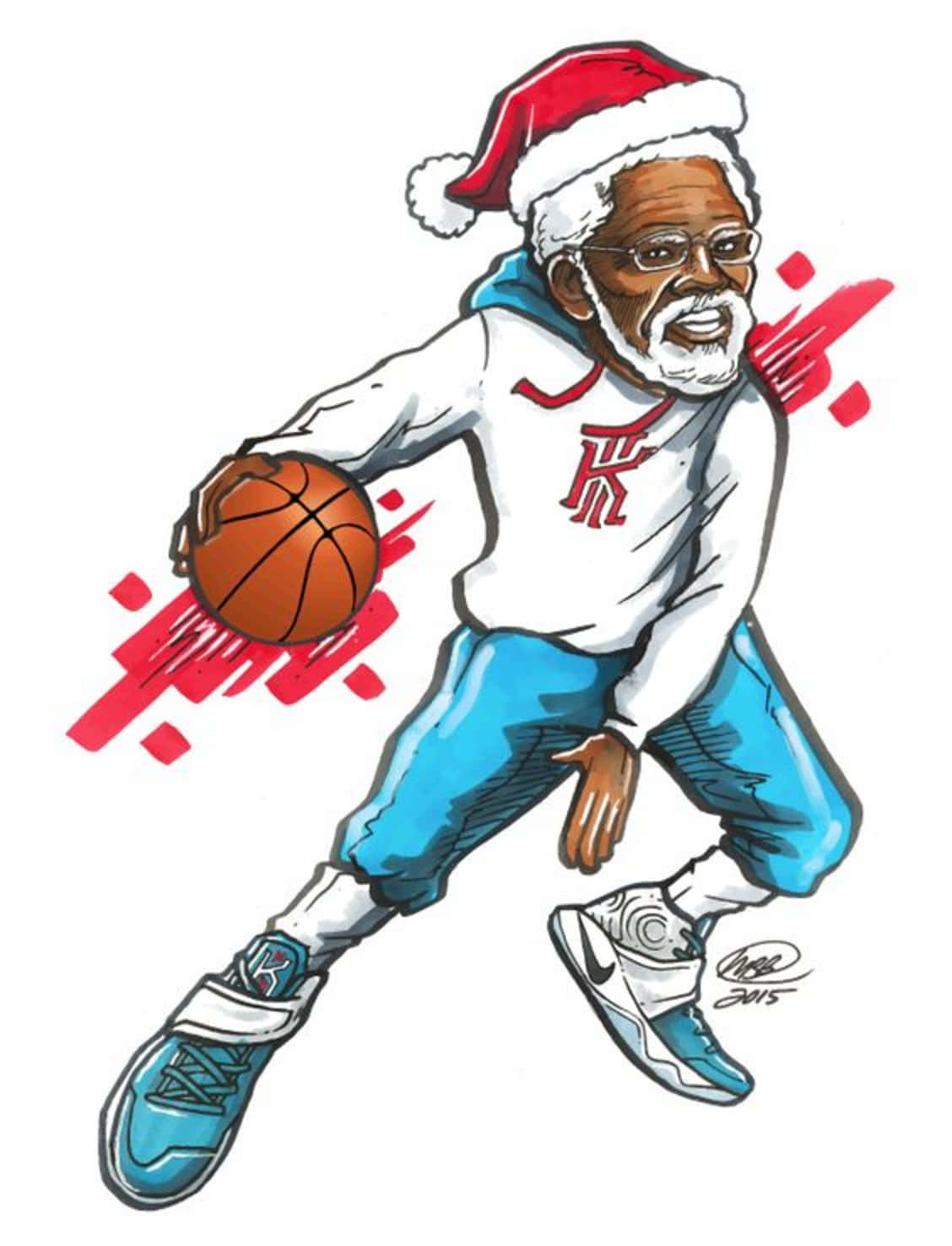 戴聖誕帽的長者運球，附紅色運動線。 — NBA聖誕節 壁紙
