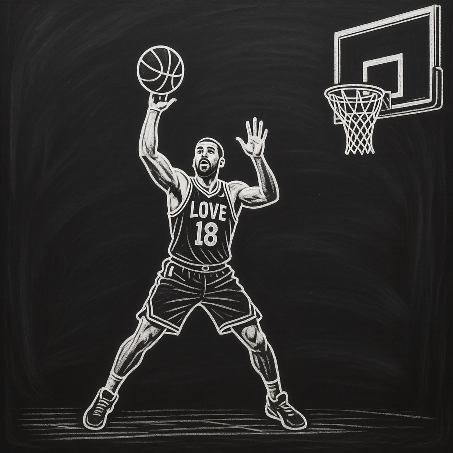 Chalkboard Sketch 壁紙 — 一幅粉筆畫，描繪一名身穿 'LOVE 18' 球衣的籃球運動員在深色紋理背景上向籃框投籃。