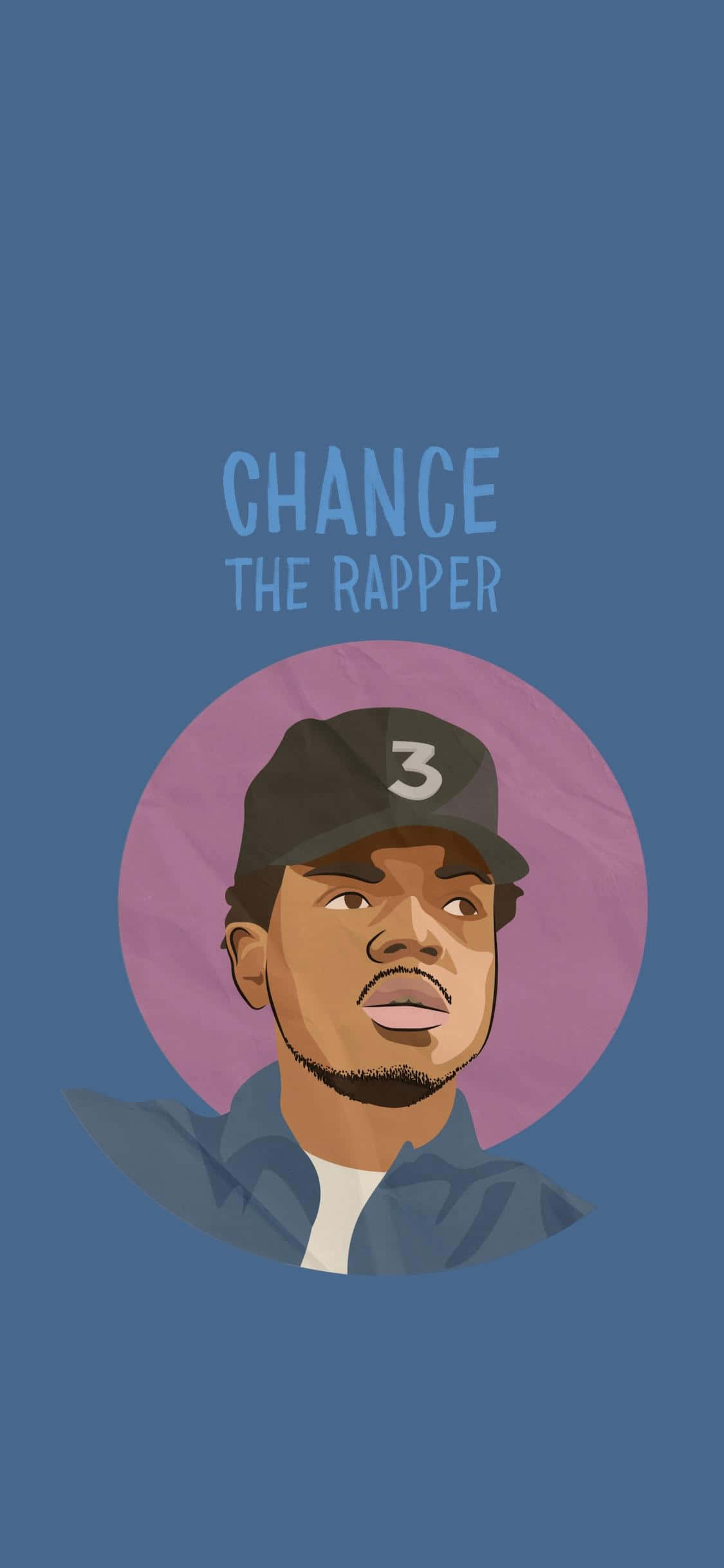 桌布 壁紙 — Chance the Rapper 戴著帽子的插畫肖像，背景為藍色上的紫色圓形。