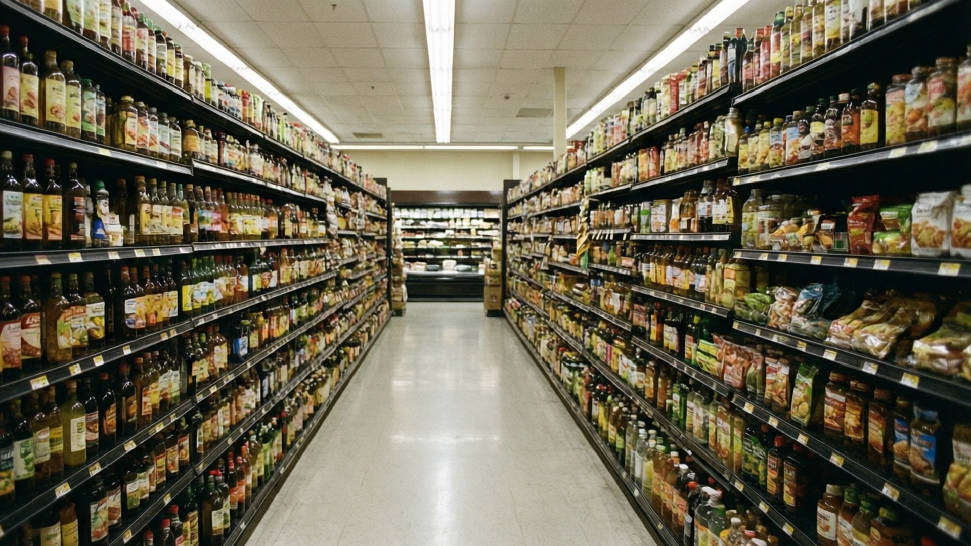Symmetrical Grocery Aisle 壁紙 — 長長的超市通道，貨架上擺滿瓶裝醬料和包裝零食，在明亮的螢光燈下。