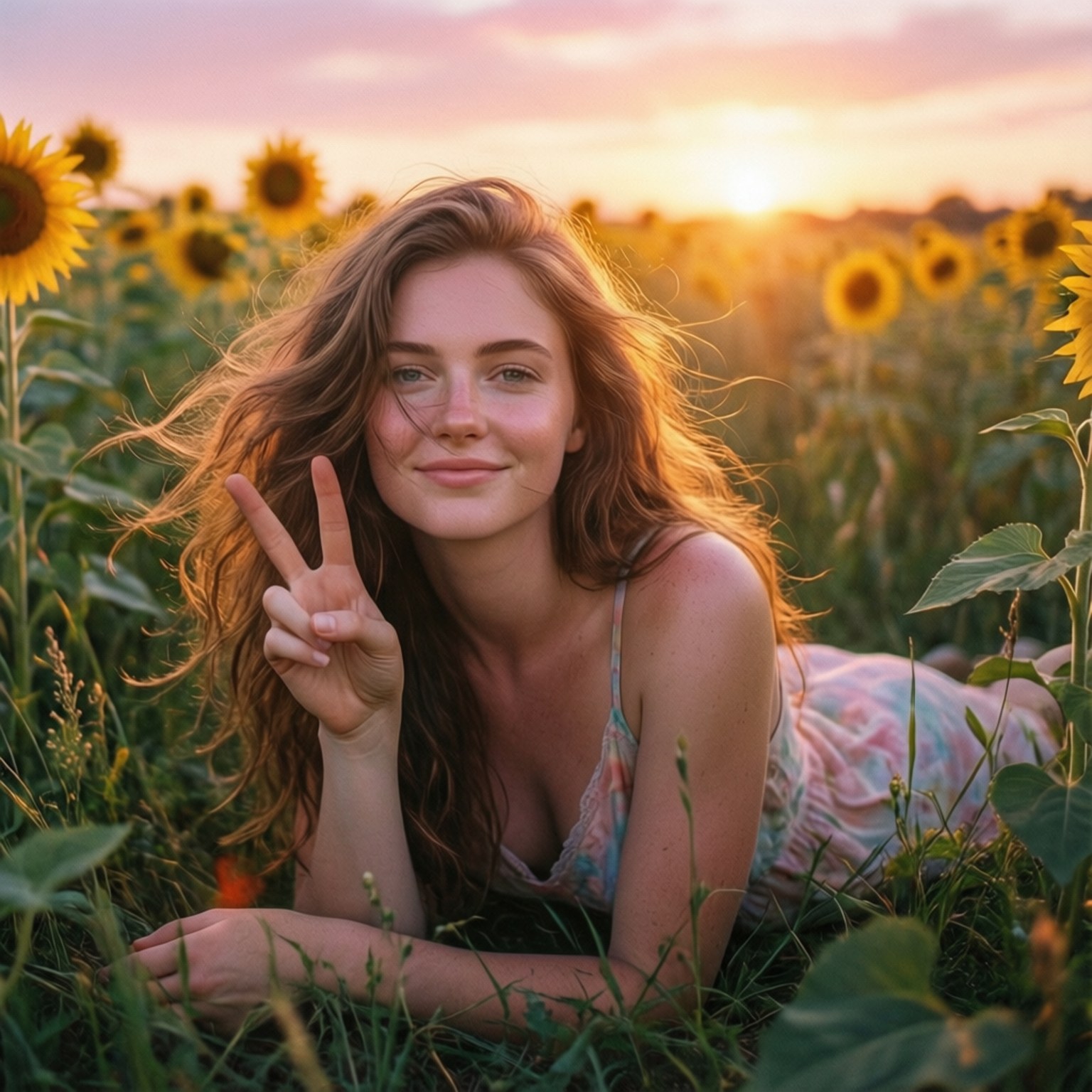 Sunflower Dreams 壁紙 — 一位長髮年輕女子躺在向日葵田裡，在日落時分比出和平手勢。