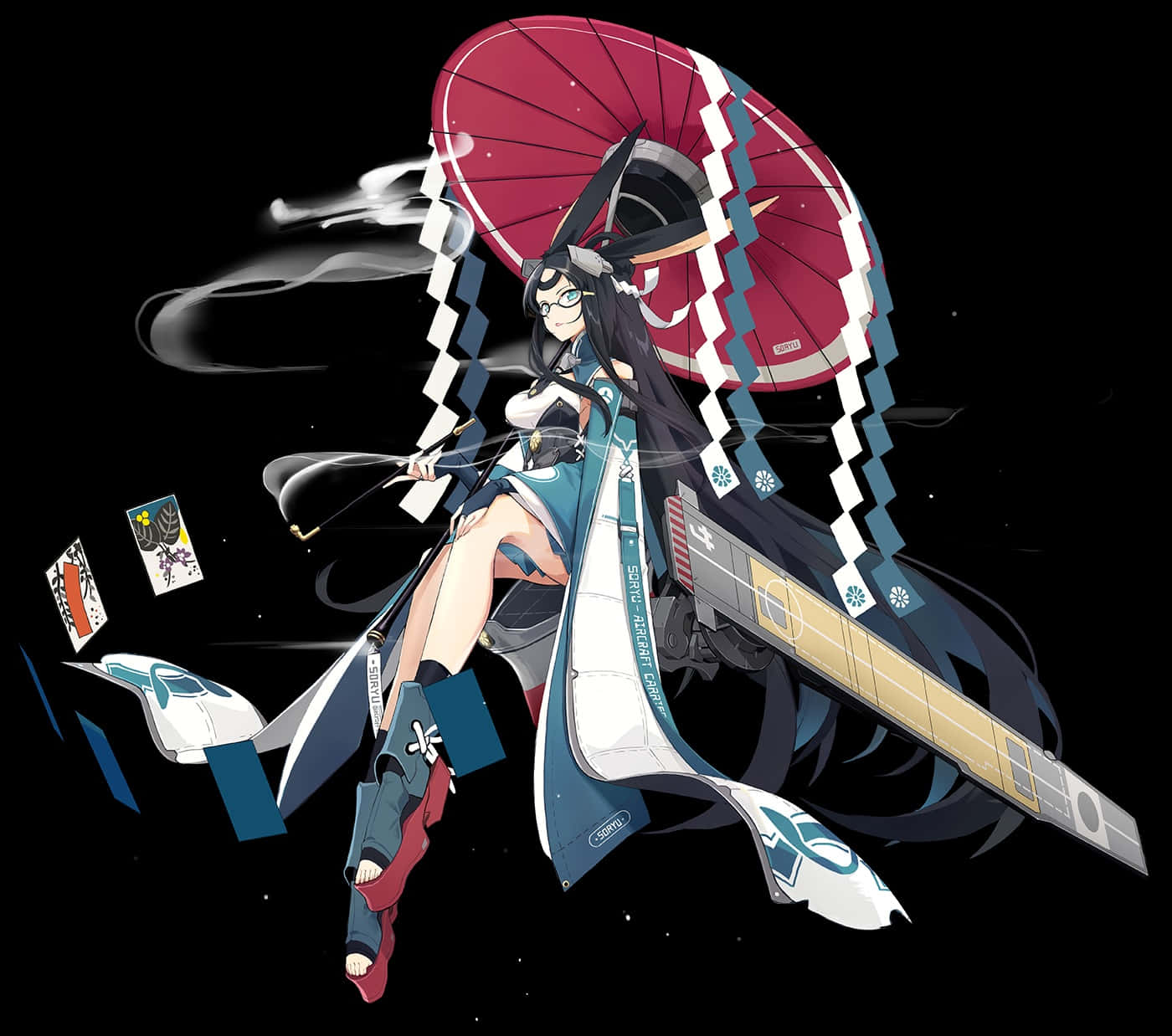 Azur Lane Souryuu 桌布 壁紙 — 長黑髮的動漫女孩拿著紅白相間的雨傘，漂浮在太空中，周圍有發光的卡片和一把劍。