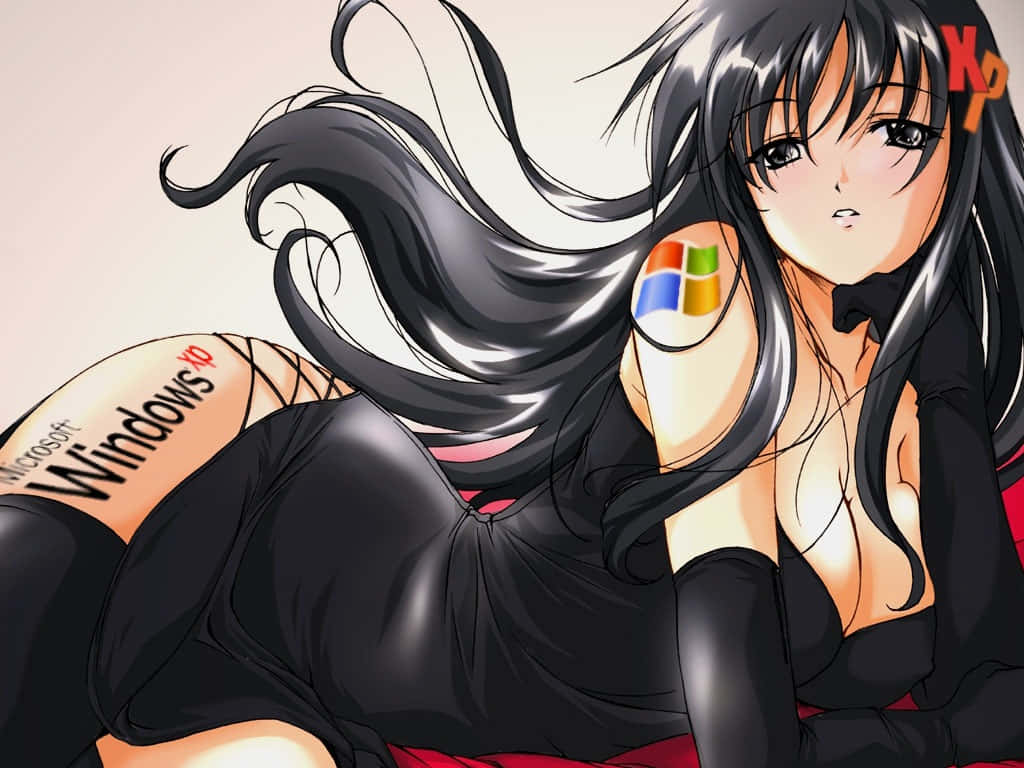 皮膚上有Windows XP標誌的動漫女孩斜倚。 — 動漫女孩 壁紙