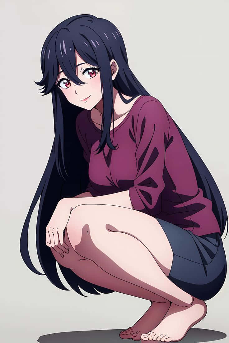  壁紙 — 長黑髮紅眼動漫女孩，赤腳蹲在純色背景前，身穿柔紫色上衣。