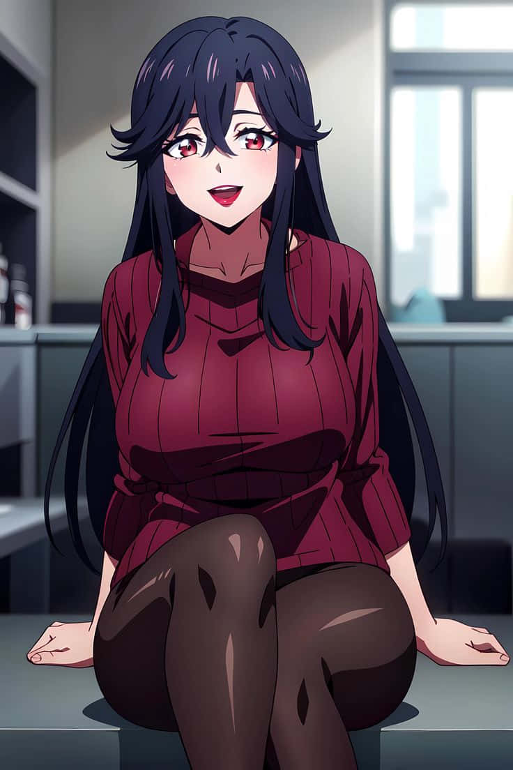  壁紙 — 長黑髮紅眼動漫女孩自信地坐在現代房間裡，穿著栗色上衣和黑色緊身褲。