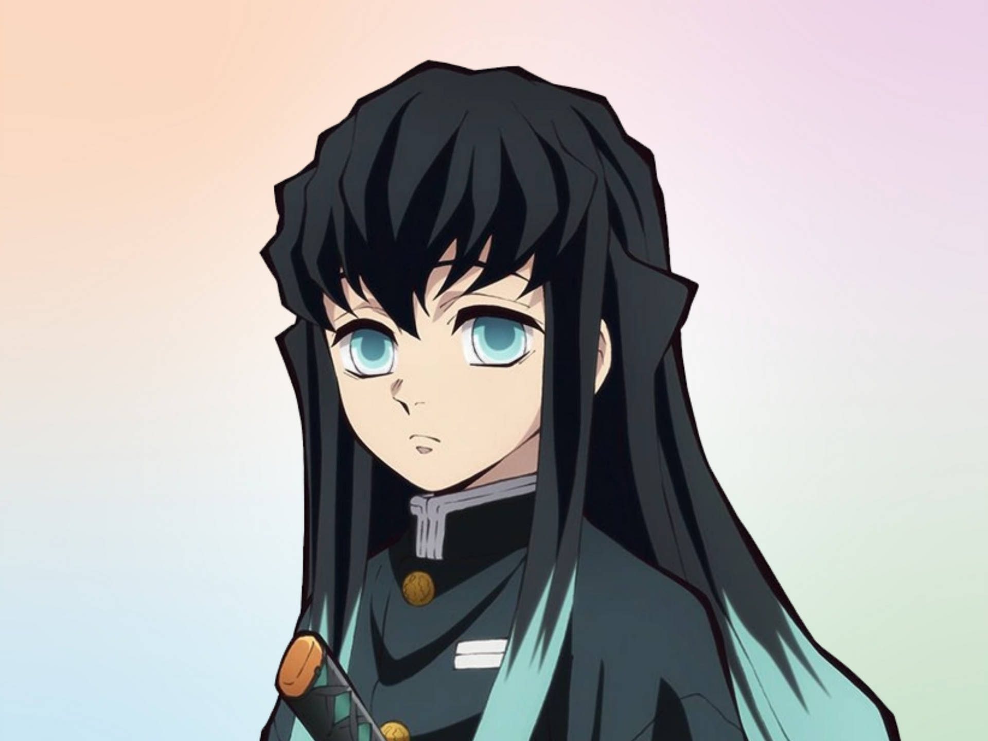 長黑髮藍眼動漫少女穿著深色制服手持劍。 — Pastel 壁紙