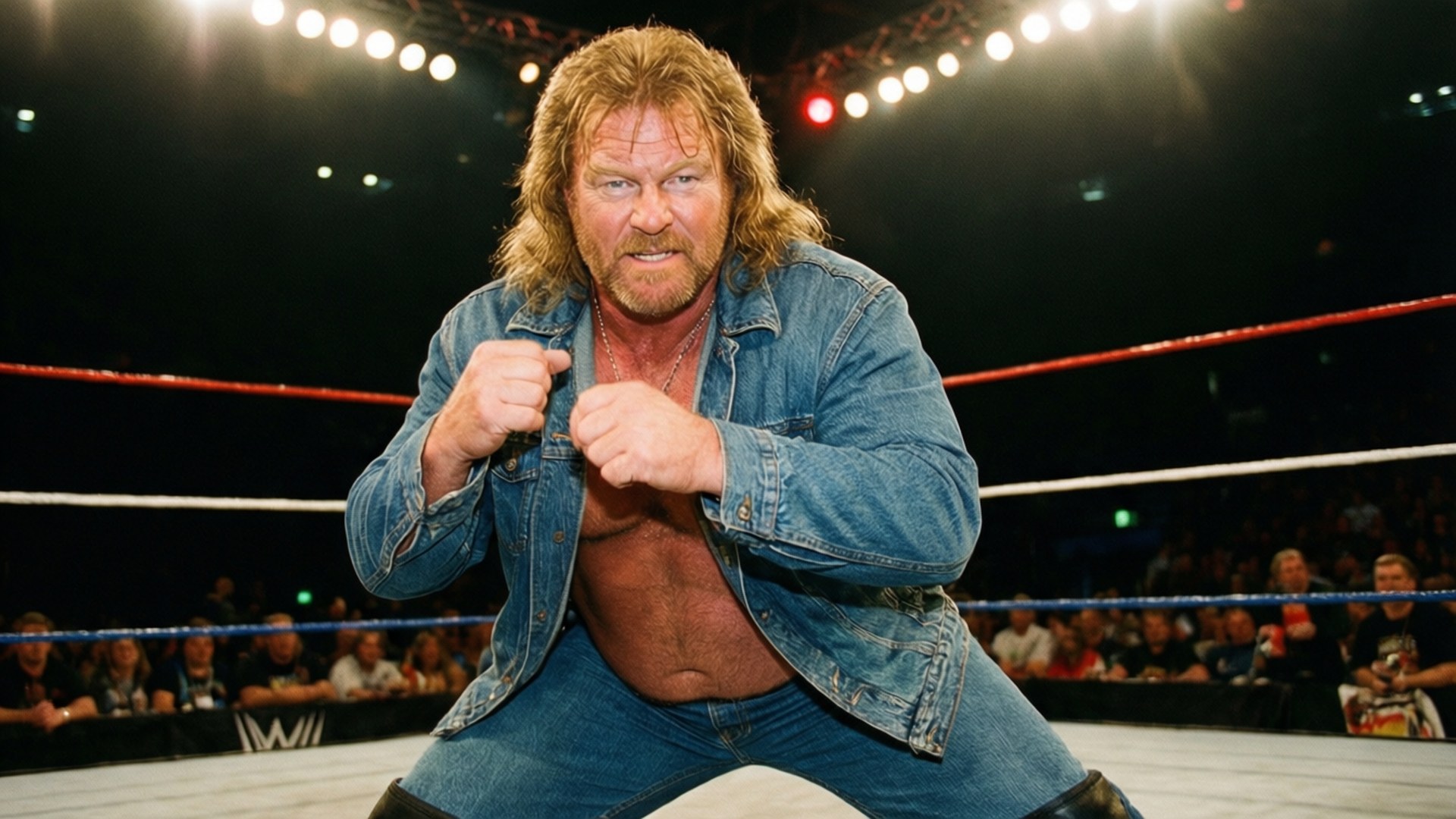 Hillbilly Jim 桌布 壁紙 — 長金髮摔角手身穿牛仔外套，在明亮的場館燈光下蹲在擂台上。