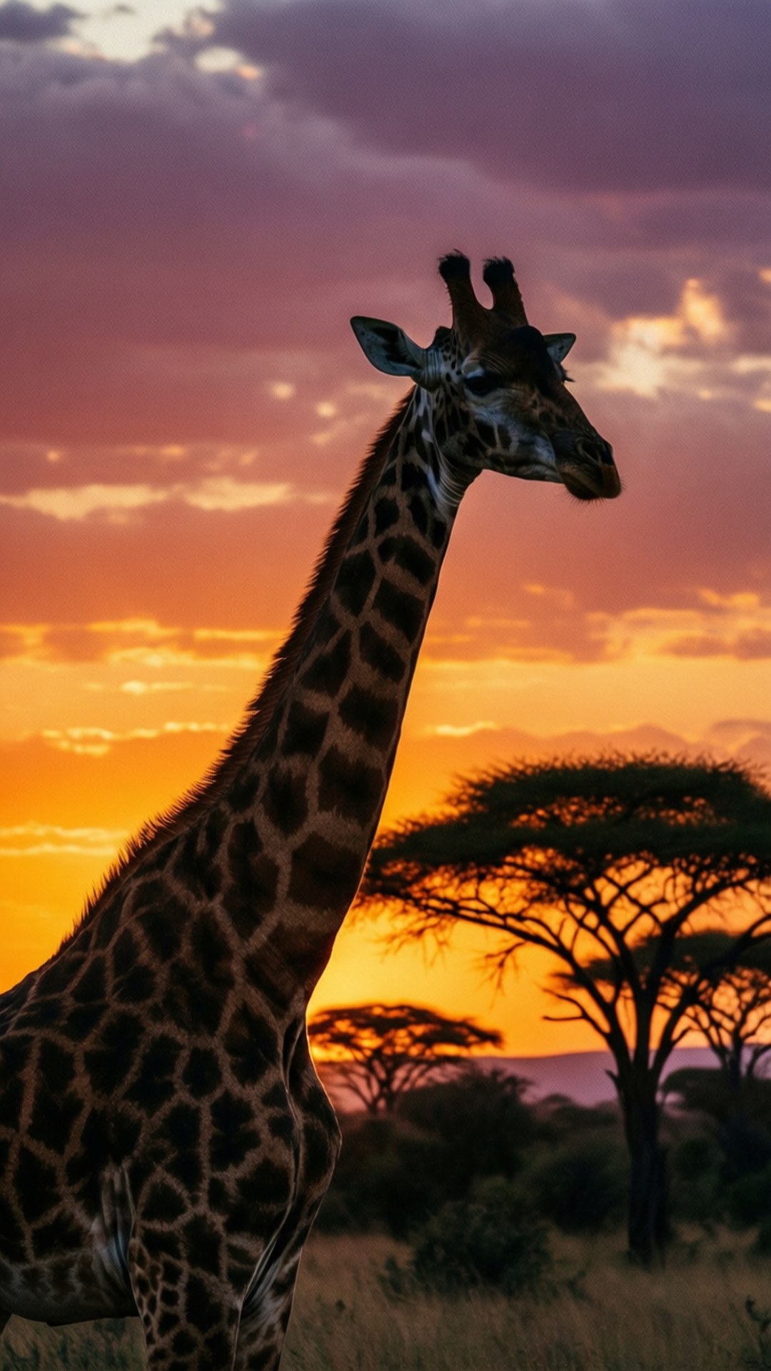 Giraffe Sunset Silhouette 壁紙 — 長頸鹿高高站立，映襯著充滿活力的日落天空，有橙色、粉紅色和紫色的雲彩以及剪影般的金合歡樹。