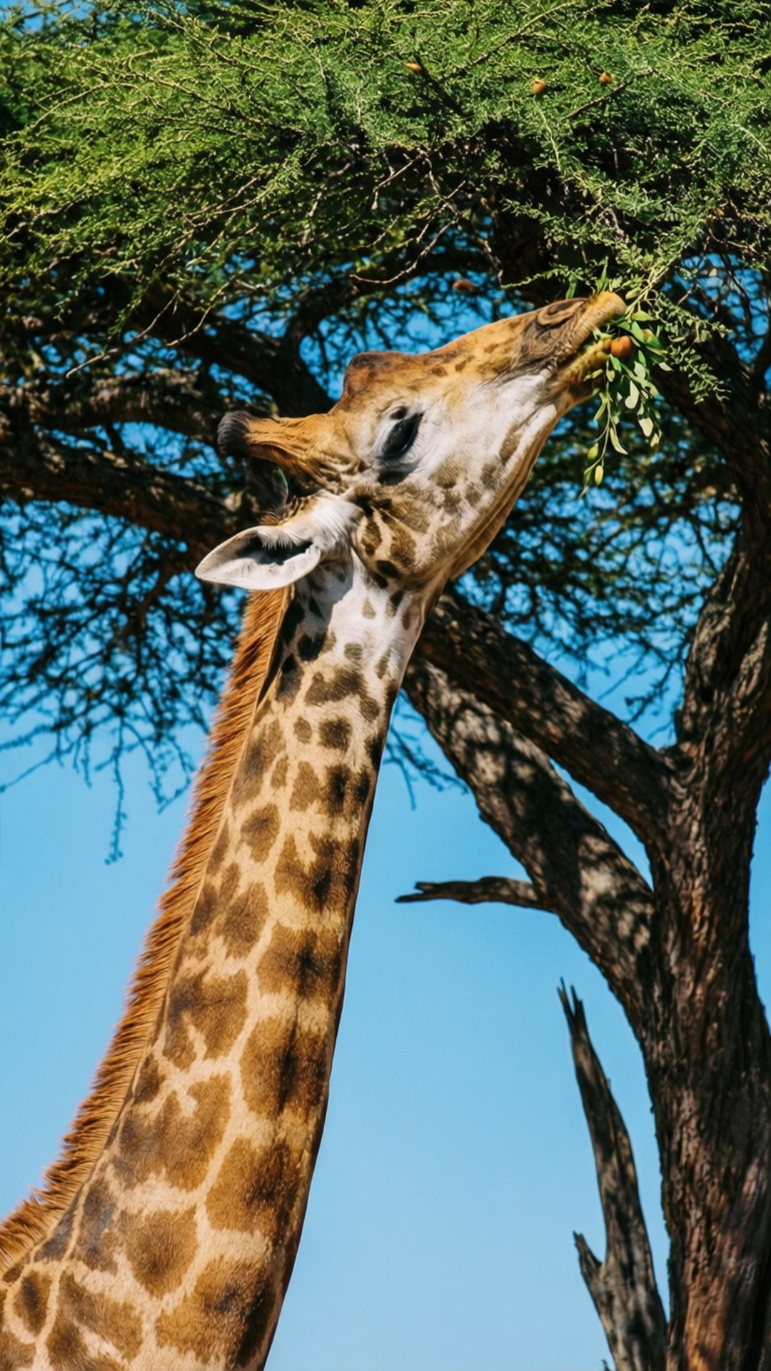Giraffe Eating Leaves 壁紙 — 長頸鹿伸長脖子，在清澈的藍天下吃綠色金合歡樹的葉子。