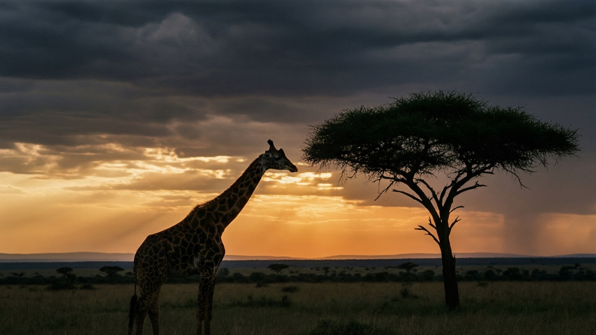 Giraffe Silhouette Storm 壁紙 — 一隻長頸鹿高高站在金合歡樹旁，金色的陽光穿過黑暗的暴風雲，灑在廣闊的非洲大草原上。