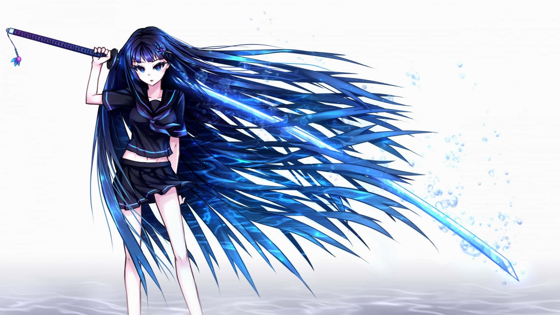 藍髮持劍的動漫少女，在水中站立，帶有動態效果。 — 高清動漫 壁紙