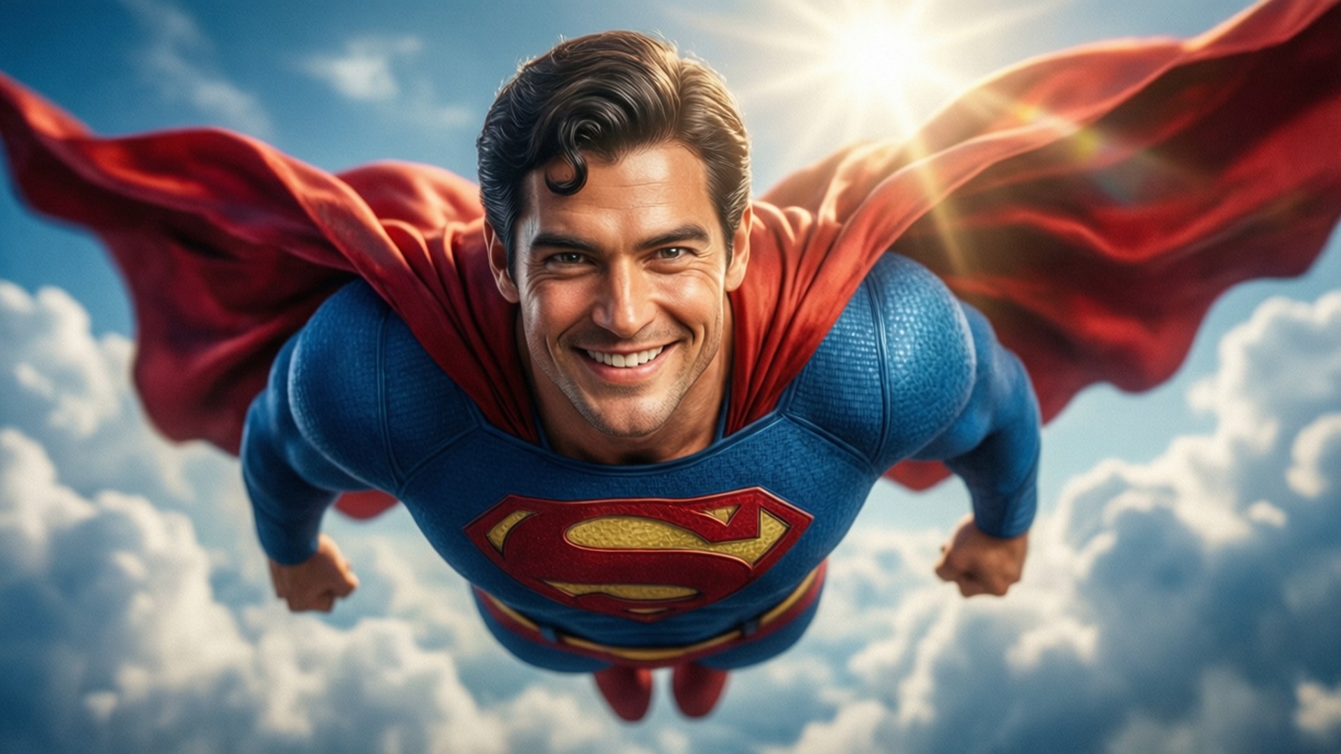 DC Animated Movie Universe 桌布 壁紙 — 超人翱翔在明亮的藍天中，身後有蓬鬆的白雲和燦爛的太陽，他的紅色斗篷戲劇性地飄揚。